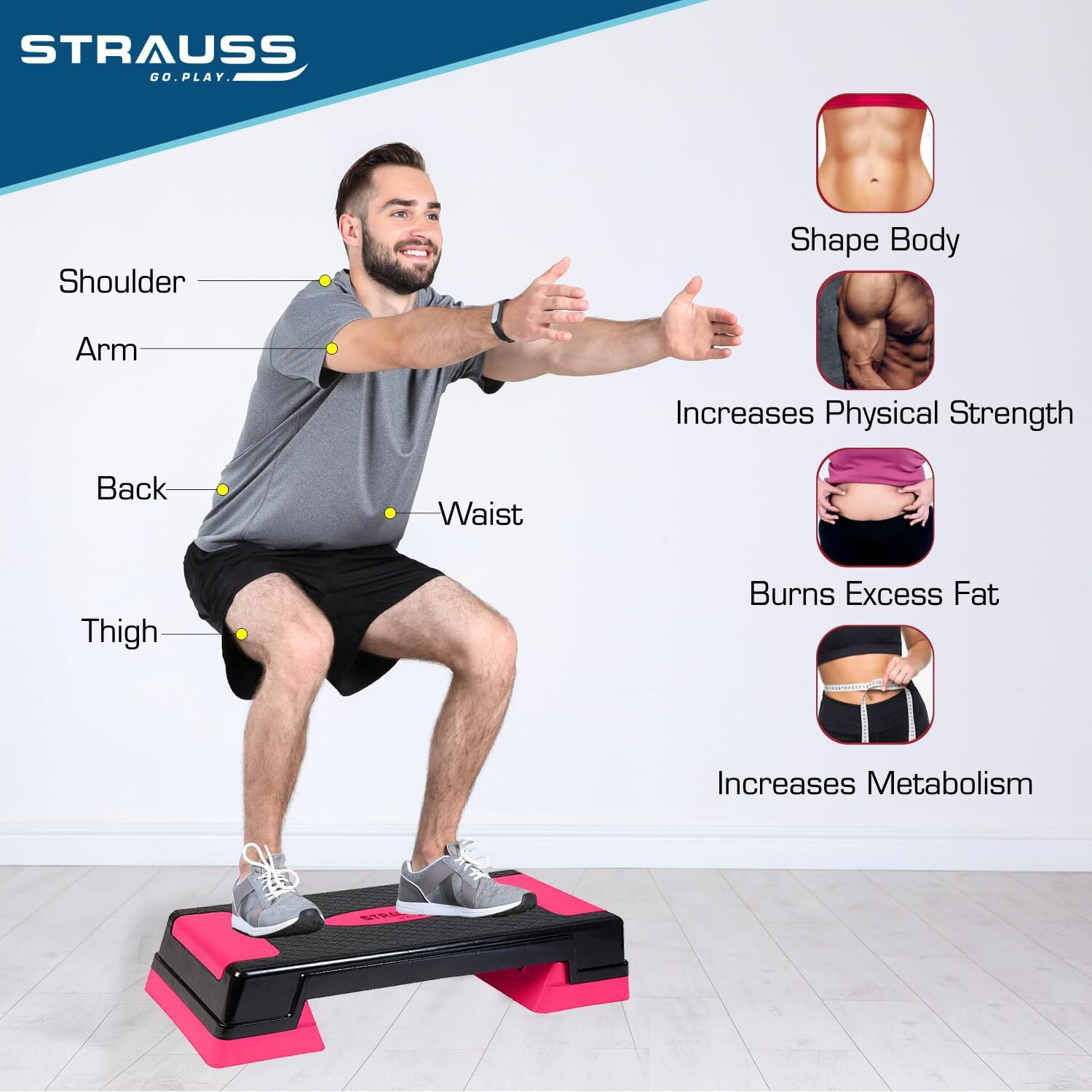 Strauss High Rise Aerobic Stepper | Two Height Level Adjustments - 6 inches and 8 inches | Slip-Resistant & Shock Absorbing Platform for Extra-Durability - Supports Upto 200 KG, (Pink)