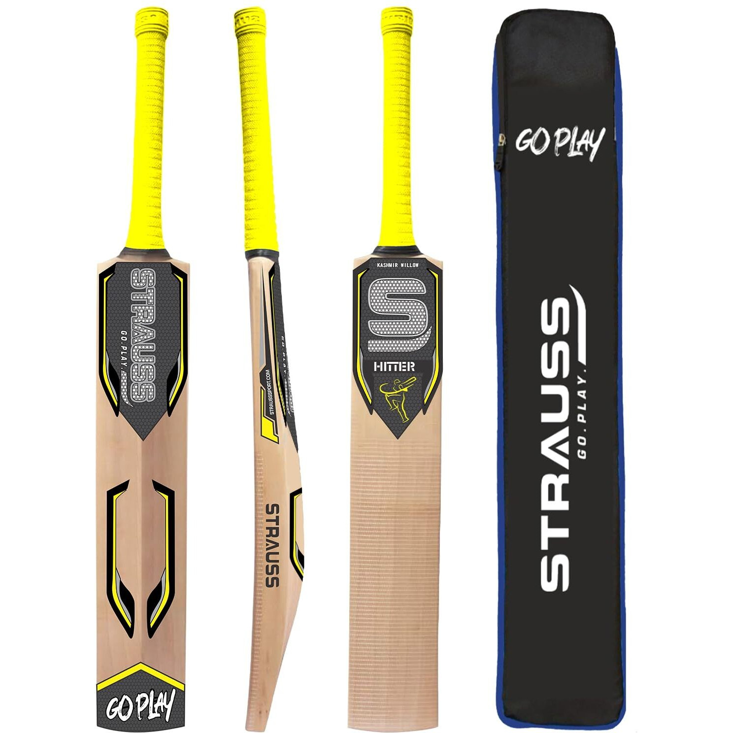 STRAUSS Hitter Kashmir Willow Cricket Bat | Size Short Handle (SH) | Suitable Only for Tennis Ball | Age group 13+ yrs | for Youth Adults | Anti Scuff Sheet & Bat Cover | Yellow | (1050-1200 Grams)