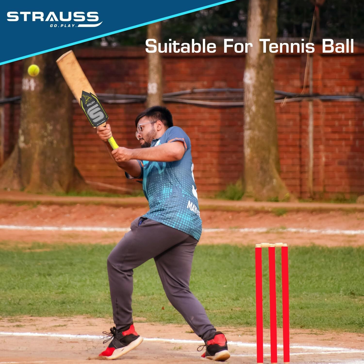 STRAUSS Hitter Kashmir Willow Cricket Bat | Size Short Handle (SH) | Suitable Only for Tennis Ball | Age group 13+ yrs | for Youth Adults | Anti Scuff Sheet & Bat Cover | Yellow | (1050-1200 Grams)