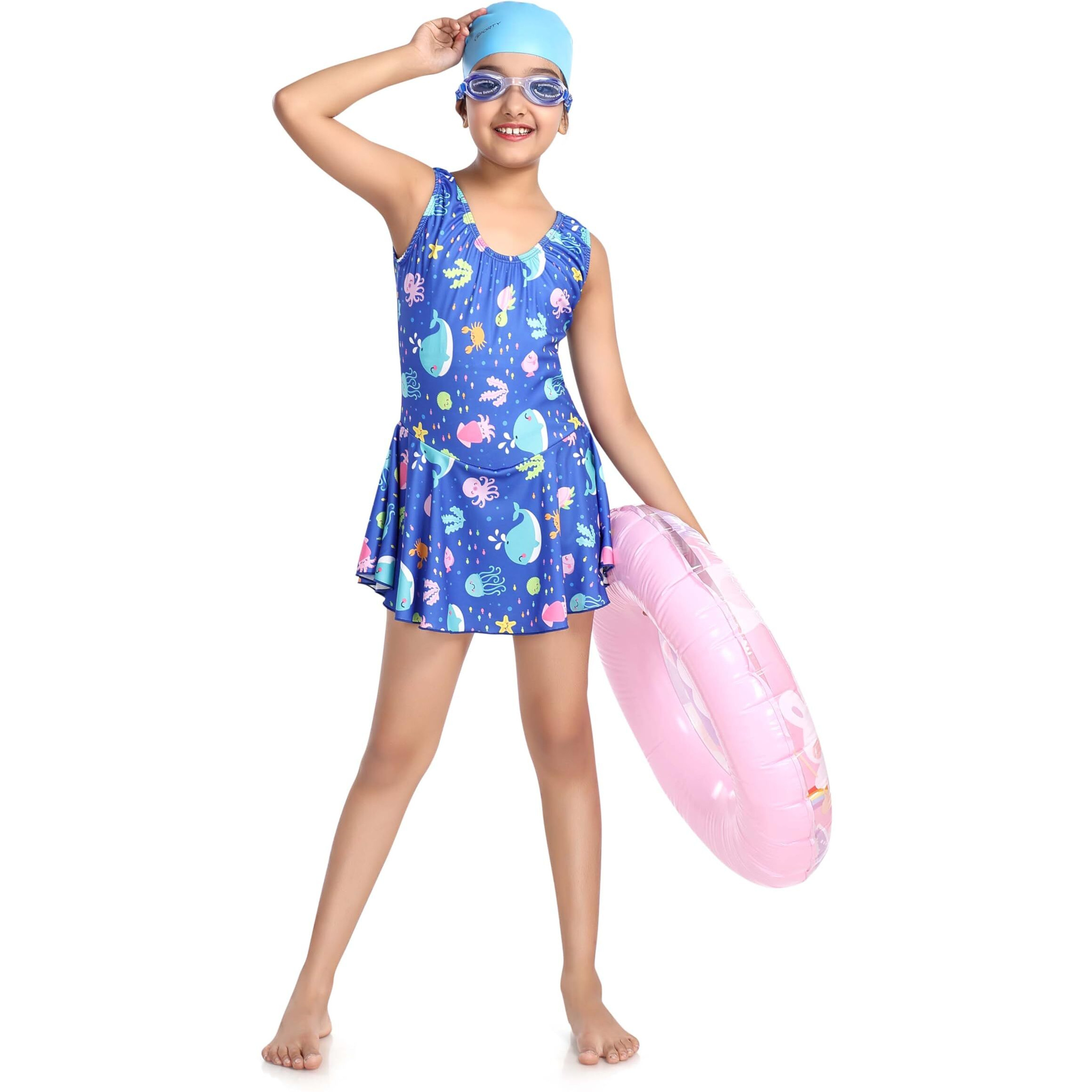 ROVARS Girls Swimming Kit with 1 Swimming Costume, 1 Swimming Goggles, 1 Silicone Swimming Cap & 1 Pair Ear Plugs & 1 Swimming Ring (Royal Blue, 7-8 Years) - Wood