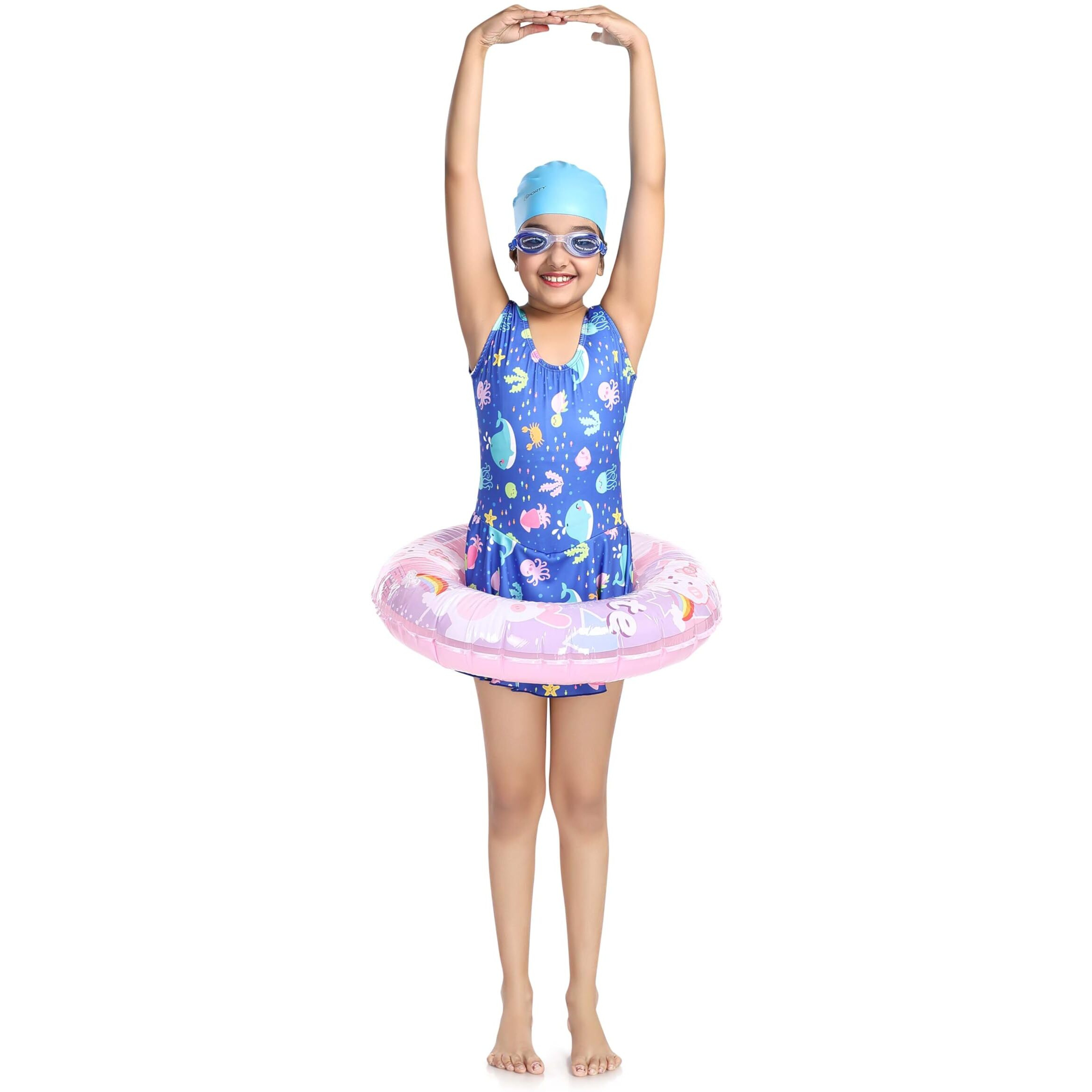 ROVARS Girls Swimming Kit with 1 Swimming Costume, 1 Swimming Goggles, 1 Silicone Swimming Cap & 1 Pair Ear Plugs & 1 Swimming Ring (Royal Blue, 7-8 Years) - Wood