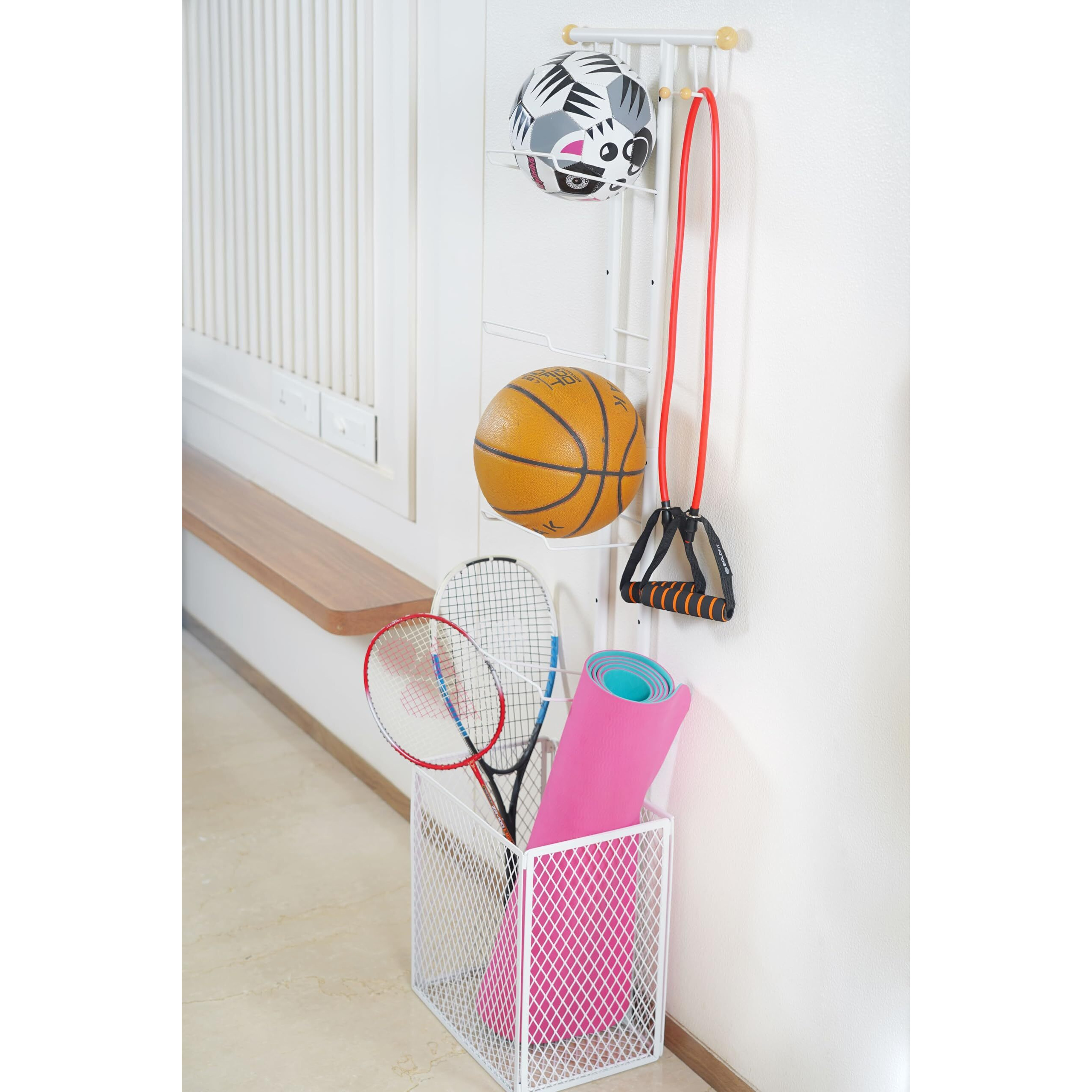 ARHAT ORGANIZERS Sports Ball Stand|Portable Multiple Stand For Football Basketball Volleyball, Tennis Rackets, Cricket Bat|Freestanding Garge Sports & Equipment Organizer-(4-Tier W Basket) (White)