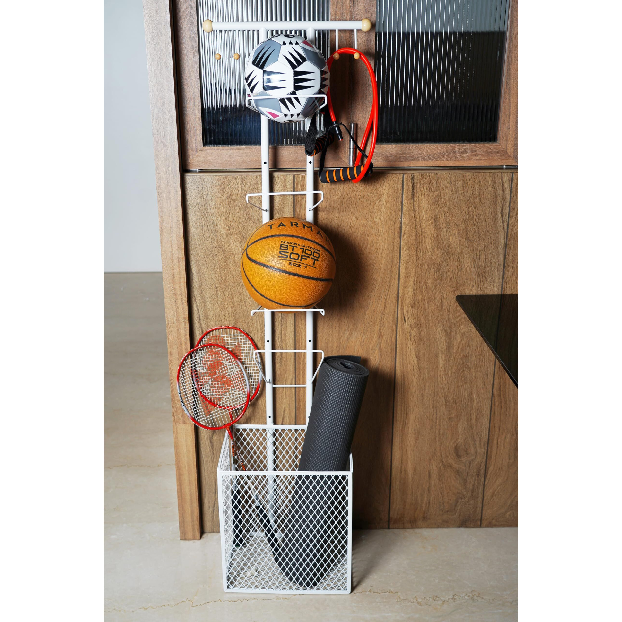 ARHAT ORGANIZERS Sports Ball Stand|Portable Multiple Stand For Football Basketball Volleyball, Tennis Rackets, Cricket Bat|Freestanding Garge Sports & Equipment Organizer-(4-Tier W Basket) (White)