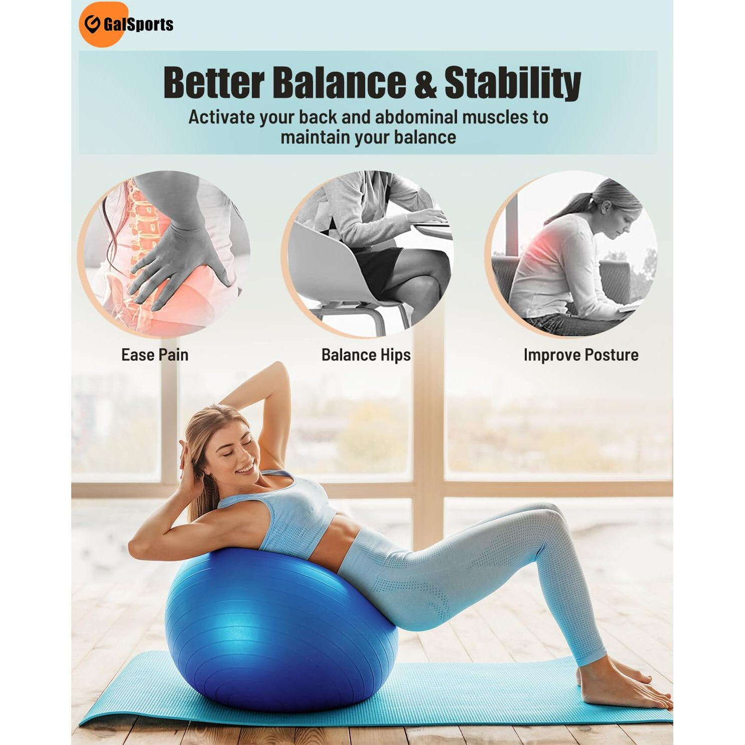 GalSports Yoga Ball Exercise Ball for Working Out, Anti-Burst and Slip Resistant Stability Ball, Swiss Ball for Physical Therapy, Balance Ball Chair, Home Gym Fitness