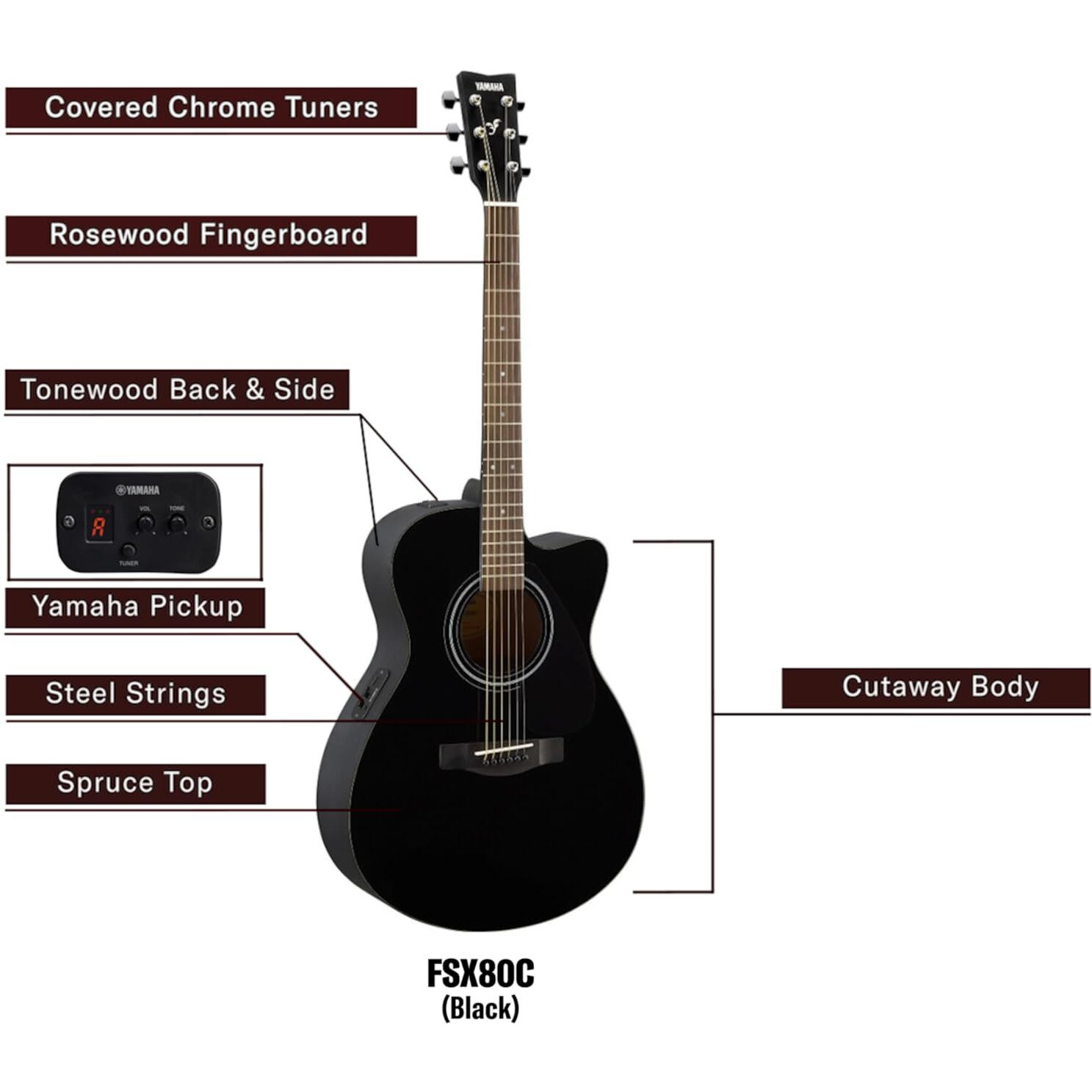 YAMAHA Spruce Wood Fsx80C Semi Acoustic Cutaway Guitar (Black)