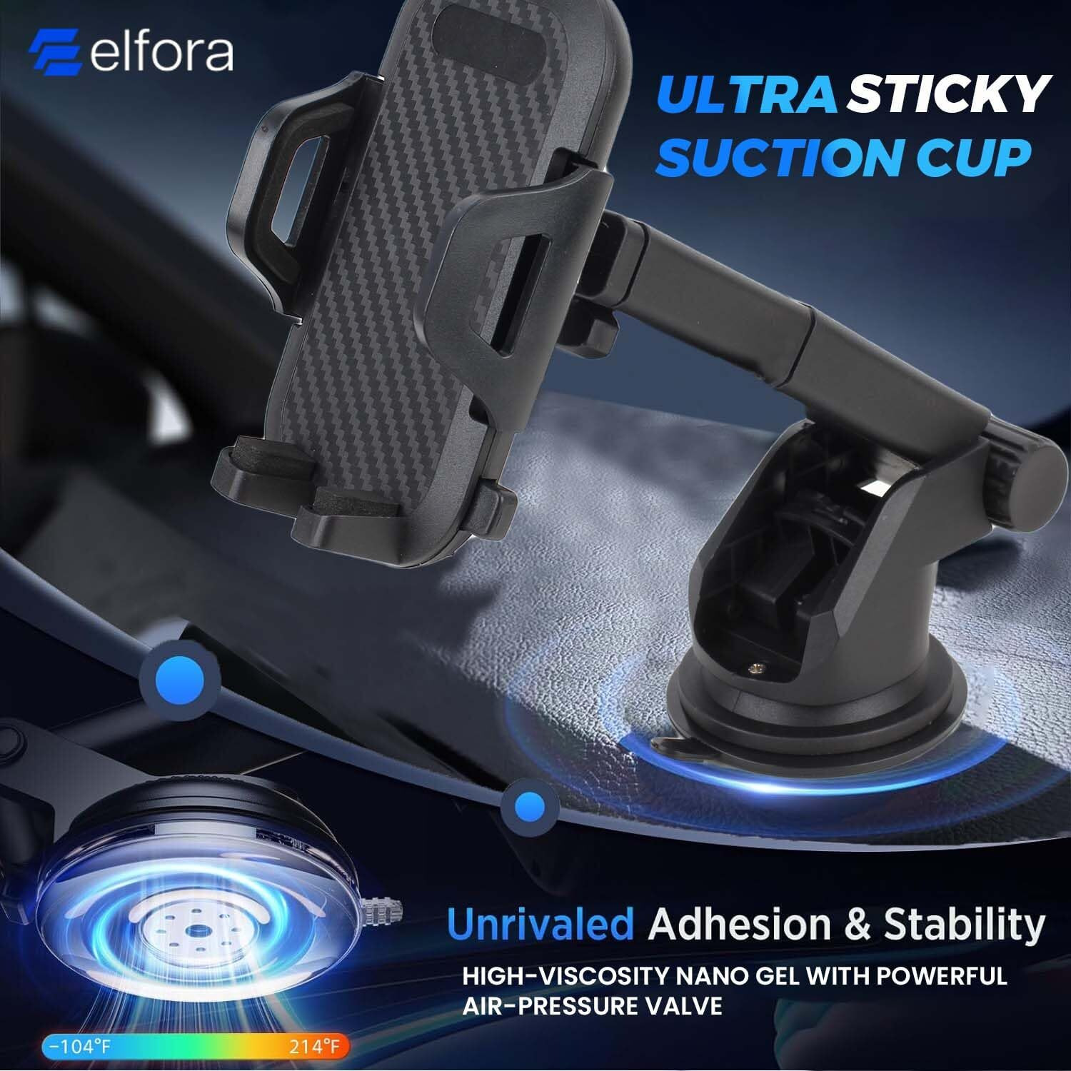 Elfora Car Mobile Phone Holder Stand for Dashboard & Windshield with Adjustable Angles | Powerful Suction Cup | 360 Rotational | Compatible with 4 to 6 inch Devices(Black)