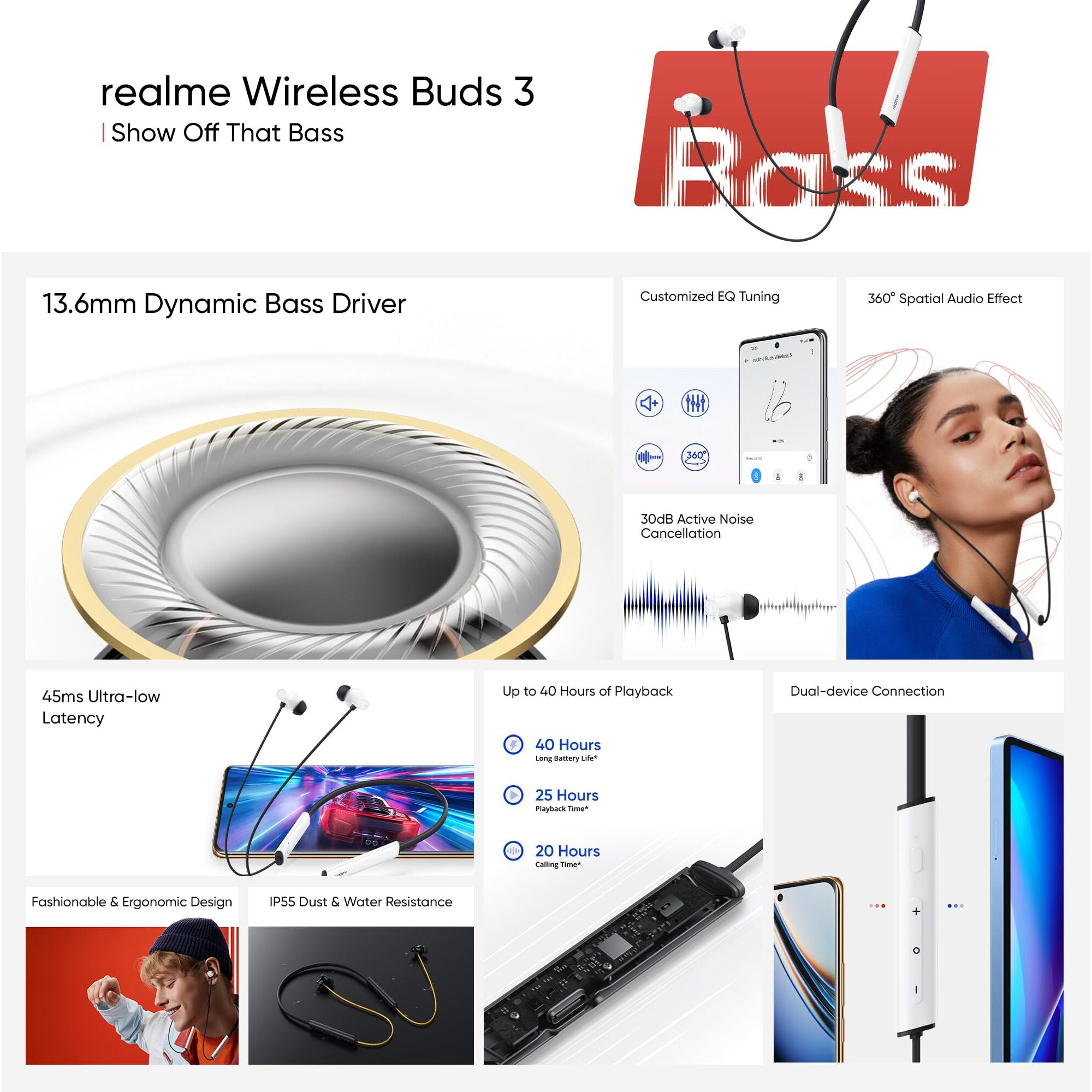 realme Buds Wireless 3 in-Ear Bluetooth Headphones,30dB ANC, Spatial Audio,13.6mm Dynamic Bass Driver,Upto 40 Hours Playback, Fast Charging, 45ms Low Latency for Gaming,Dual Device Connection (Black)