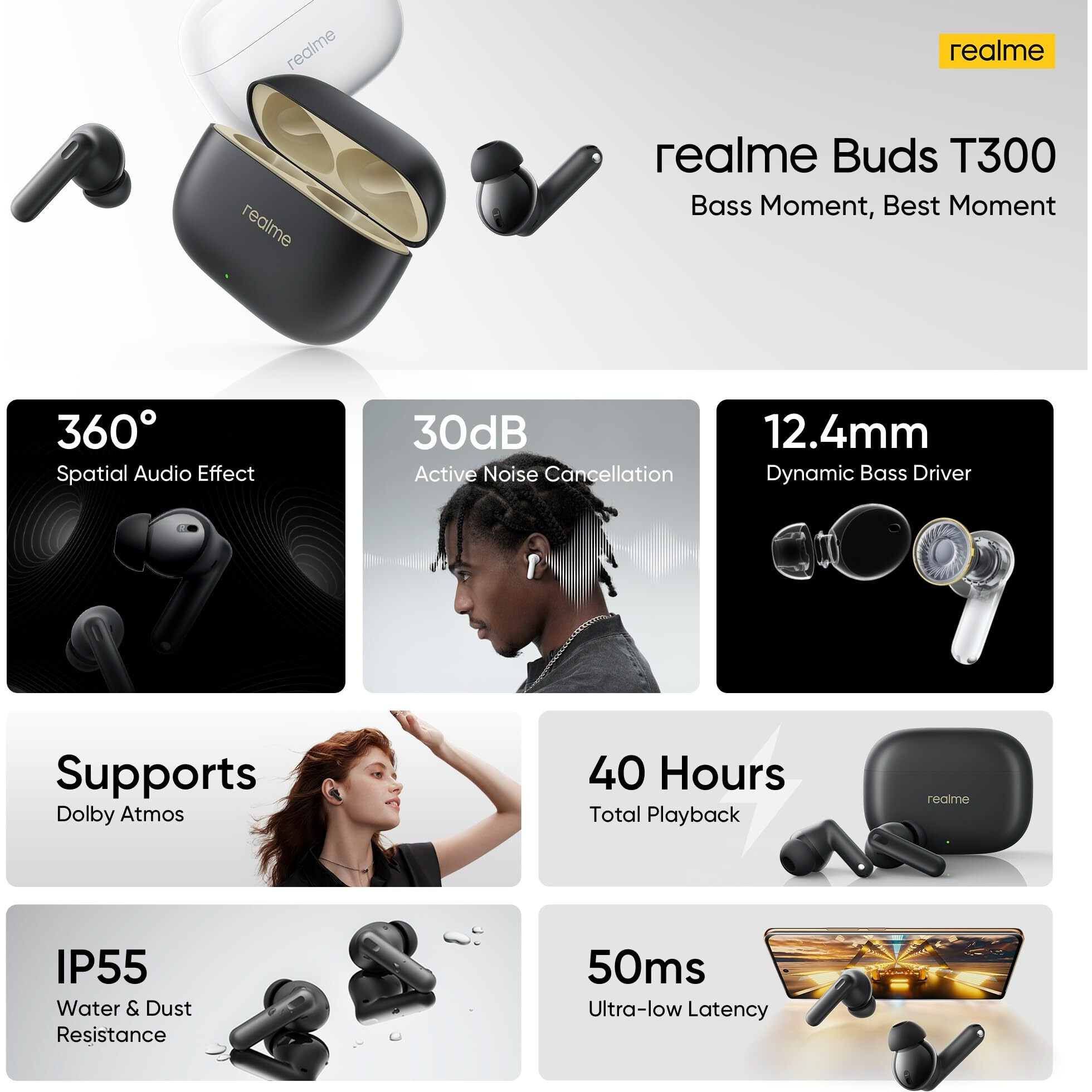 realme Buds T300 Truly Wireless in-Ear Earbuds with 30dB ANC, 360 Spatial Audio Effect, 12.4mm Dynamic Bass Boost Driver with Dolby Atmos Support, Upto 40Hrs Battery and Fast Charging (Youth White)