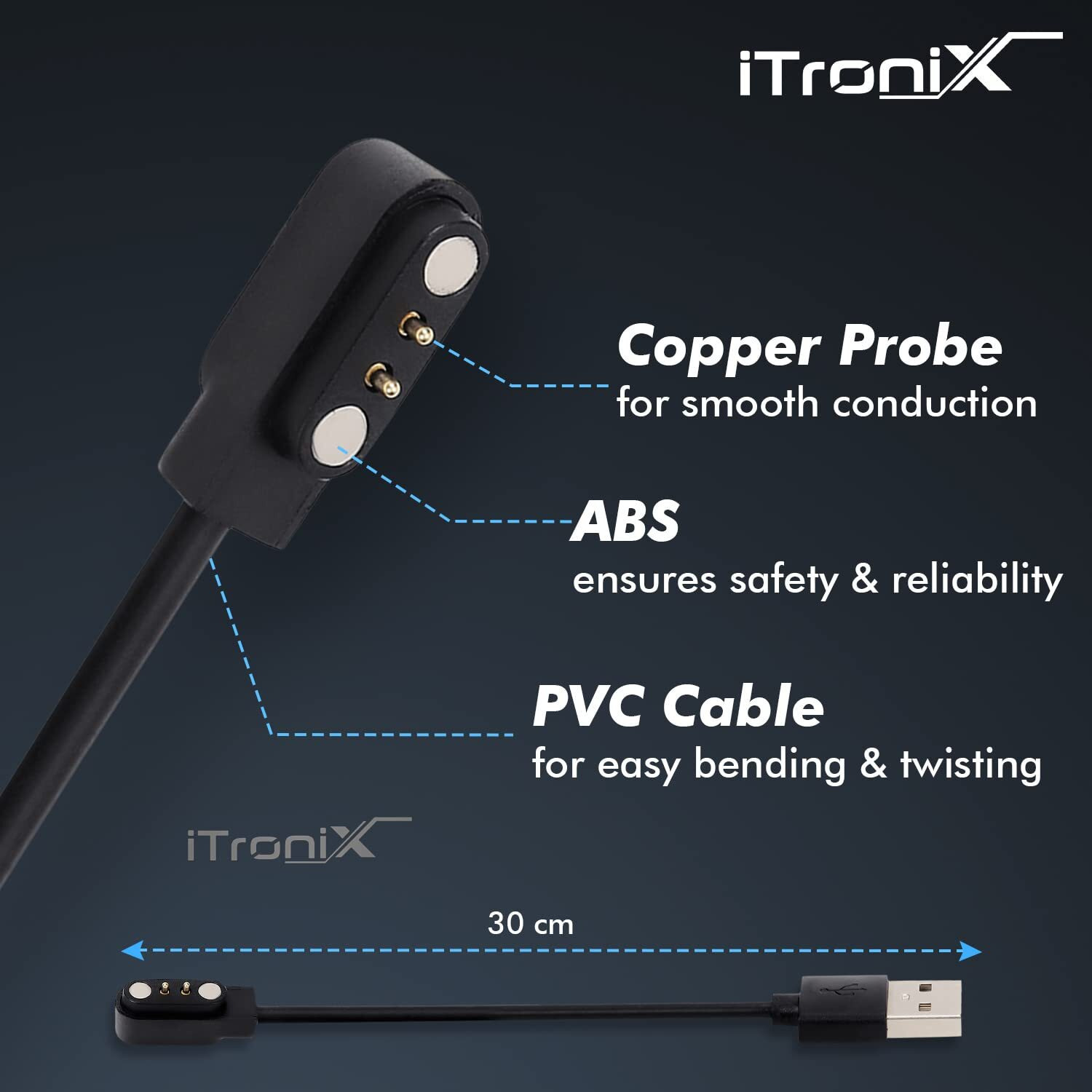 iTronix Charging Cable Suitable for Boat Storm/Storm 1.3" Curved Display/Xtend/Xtend Pro/Xplorer/Wave Connect/Wave Beat/Wave Fit/Wave Style Smartwatches
