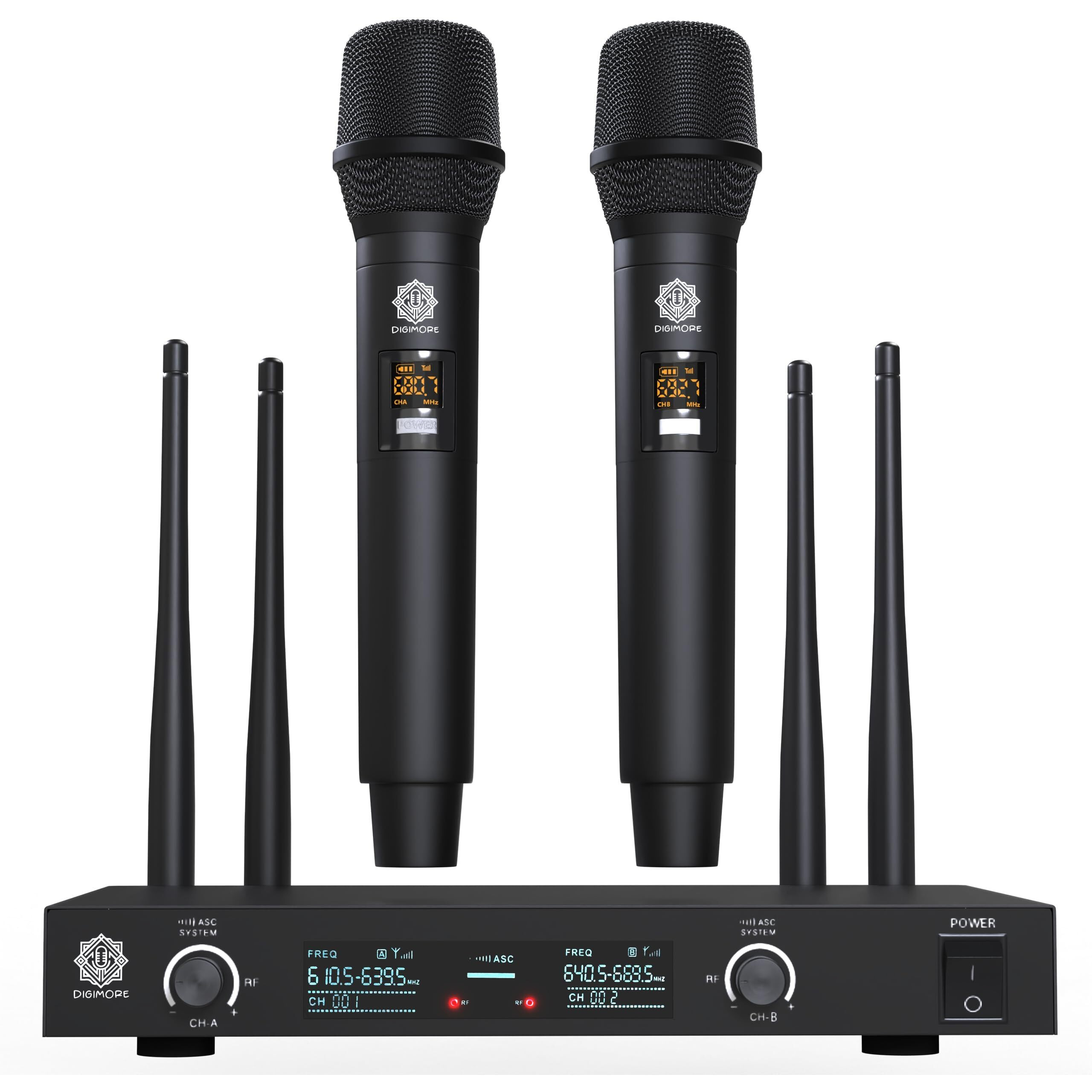 DIGIMORE Portable UHF Wireless Microphone System - Battery Operated Two Cordless Microphone Set with 60 Channels Selectable Frequency, Receiver Base, AUX, PA Karaoke DJ Party (D-390)