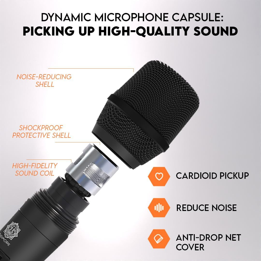 DIGIMORE Portable UHF Wireless Microphone System - Battery Operated Two Cordless Microphone Set with 60 Channels Selectable Frequency, Receiver Base, AUX, PA Karaoke DJ Party (D-390)