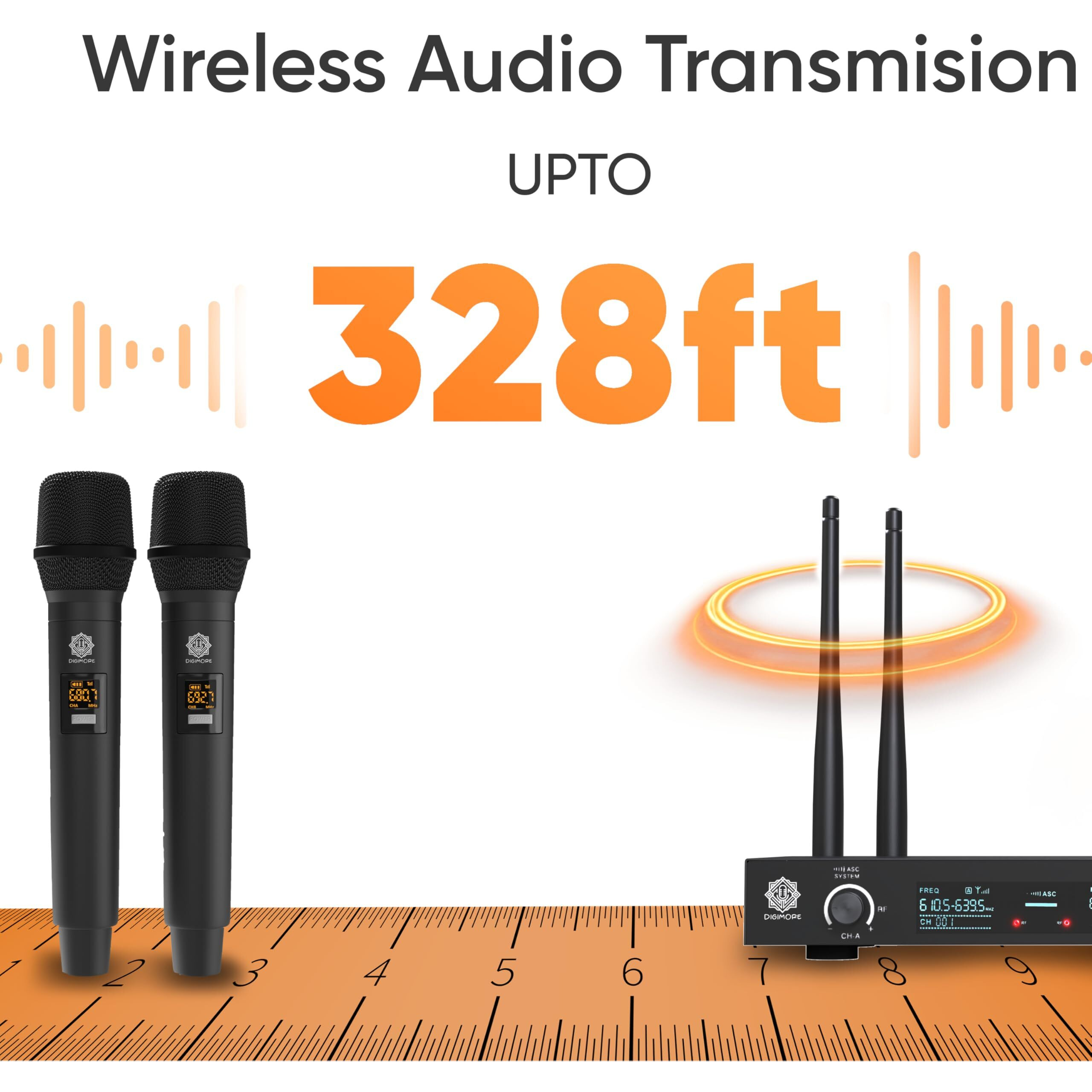 DIGIMORE Portable UHF Wireless Microphone System - Battery Operated Two Cordless Microphone Set with 60 Channels Selectable Frequency, Receiver Base, AUX, PA Karaoke DJ Party (D-390)