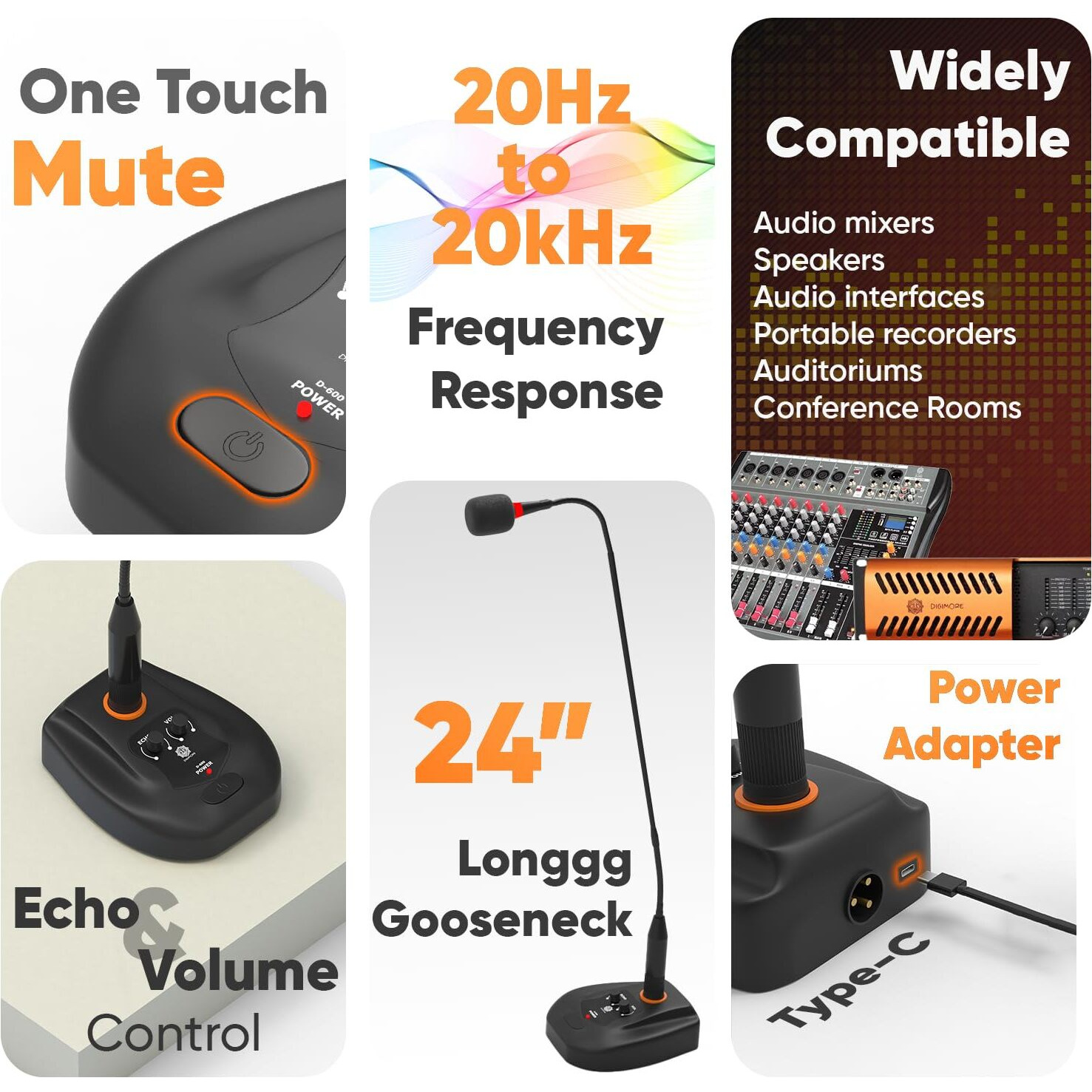 DIGIMORE 24" Desktop Podium Gooseneck Condenser Microphone | XLR Input, ON/Off Switch | Ideal for Meetings, Video Conferences, Streaming, Lectures (D-660)