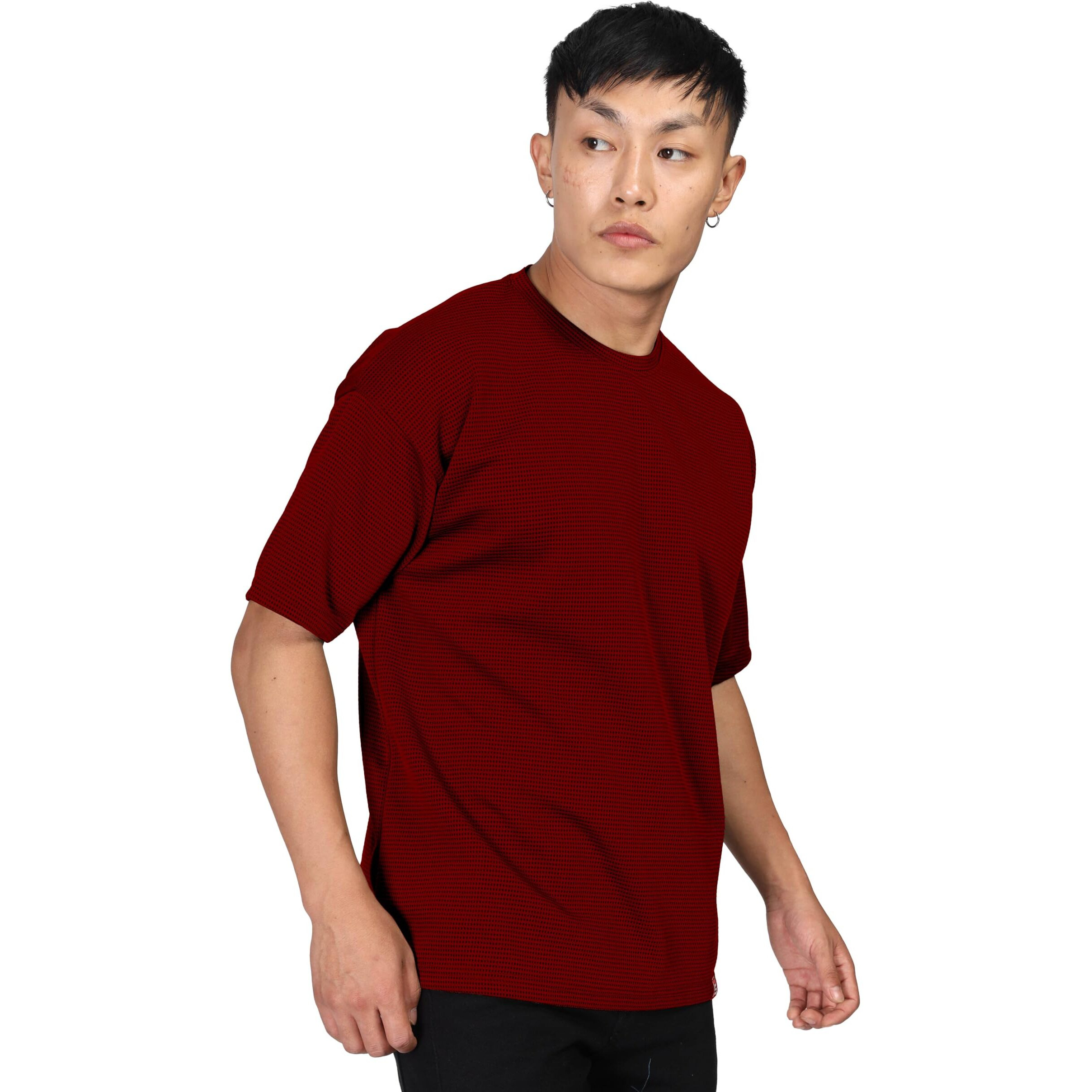 SHODOX Mens Solid Dotted Unique Design Oversized Tshirt for Men - Round Neck Loose Fit Drop Shoulder Mens T-Shirt Red
