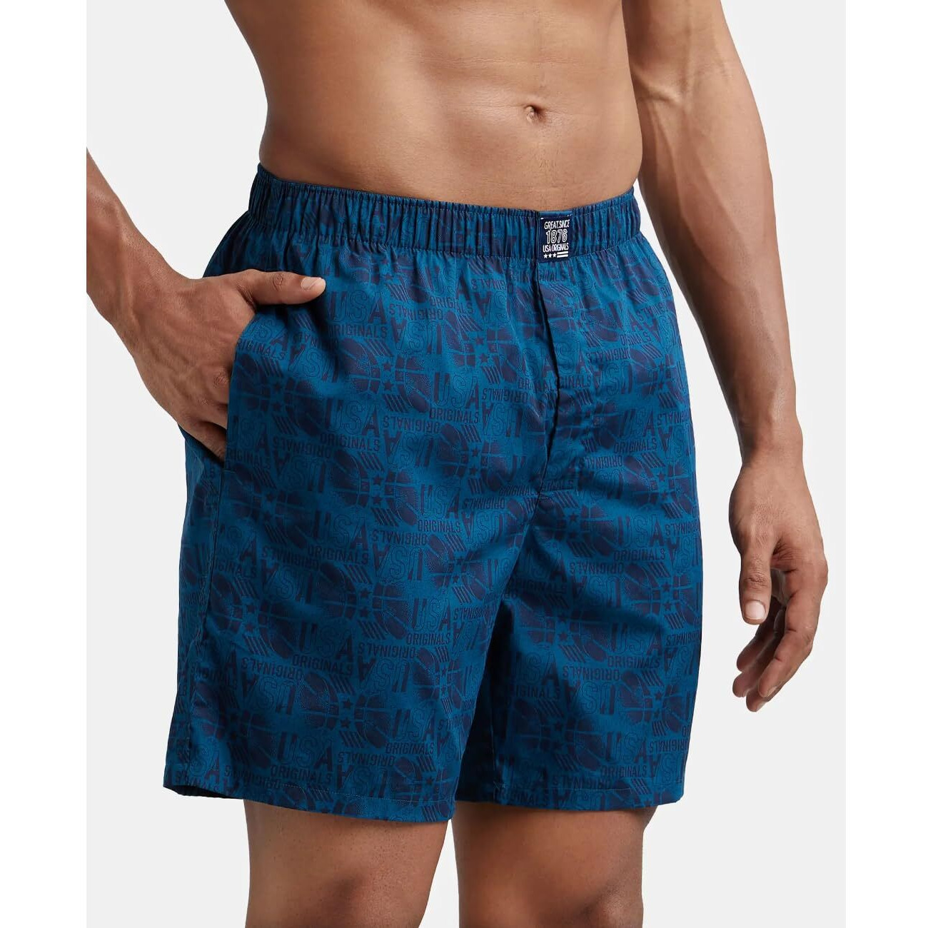 Jockey Men's Super Combed Mercerized Cotton Woven Printed Boxer Shorts with Side Pockets | Pack of 2 Colors & Prints May Vary |_Style_US57_Navy Seaport Teal_XL
