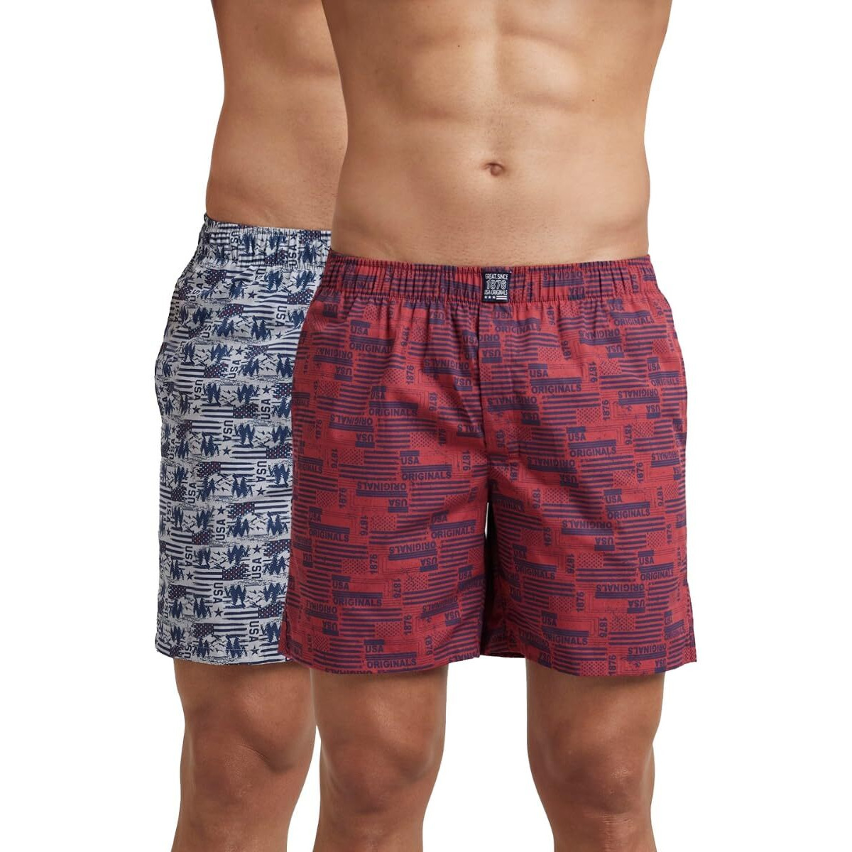 Jockey Men's Super Combed Mercerized Cotton Woven Printed Boxer Shorts with Side Pockets | Pack of 2 Colors & Prints May Vary |_Style_US57_Navy Brick Red_M