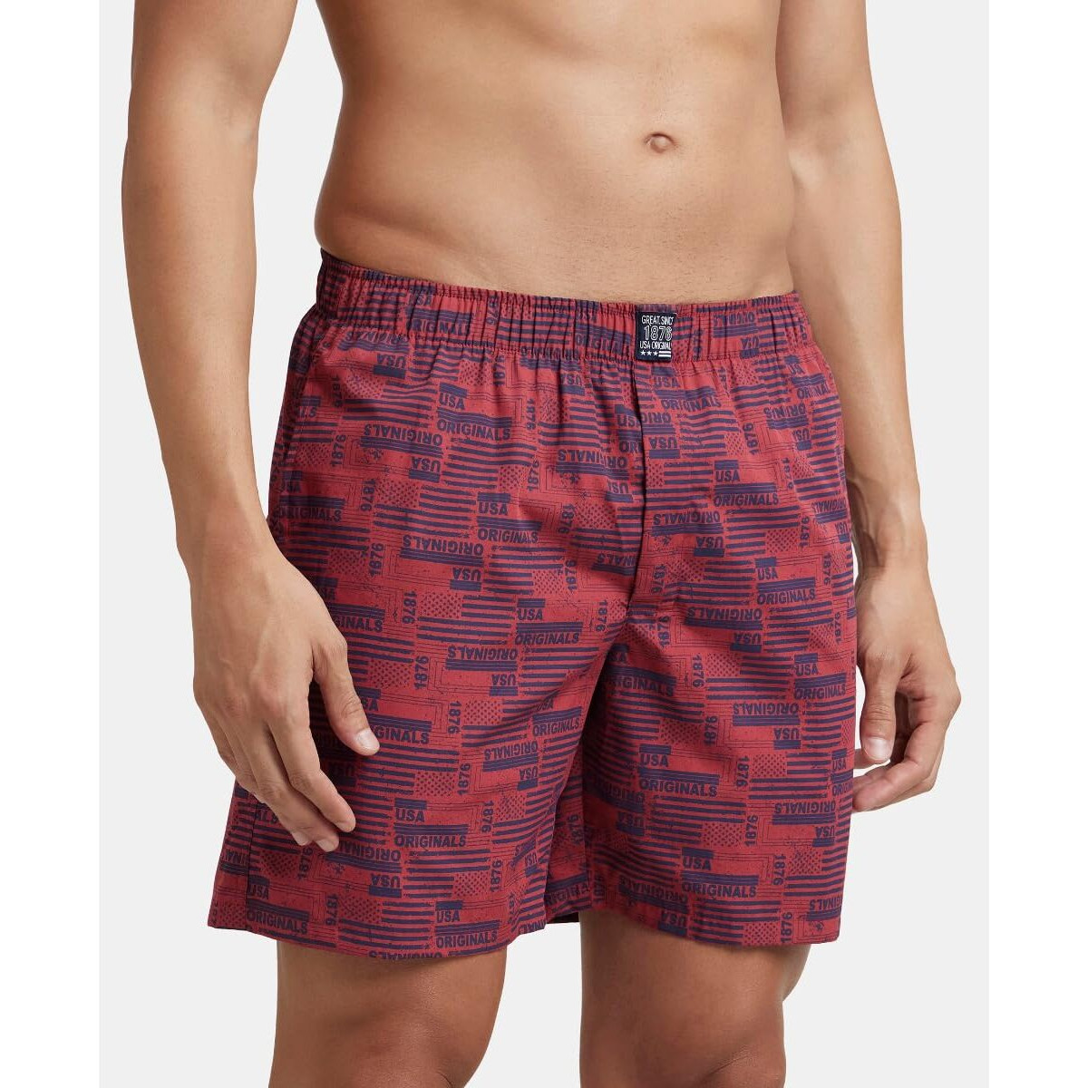 Jockey Men's Super Combed Mercerized Cotton Woven Printed Boxer Shorts with Side Pockets | Pack of 2 Colors & Prints May Vary |_Style_US57_Navy Brick Red_M