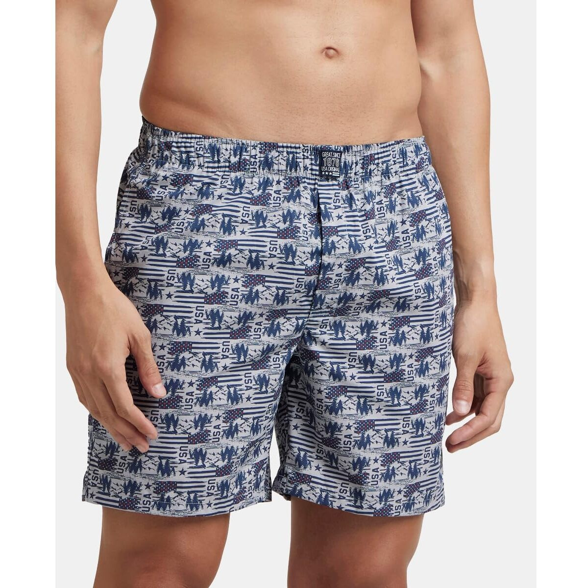 Jockey Men's Super Combed Mercerized Cotton Woven Printed Boxer Shorts with Side Pockets | Pack of 2 Colors & Prints May Vary |_Style_US57_Navy Brick Red_M