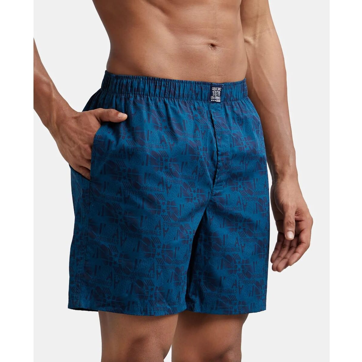 Jockey Men's Super Combed Mercerized Cotton Woven Printed Boxer Shorts with Side Pockets | Pack of 2 Colors & Prints May Vary |_Style_US57_Navy Seaport Teal_M