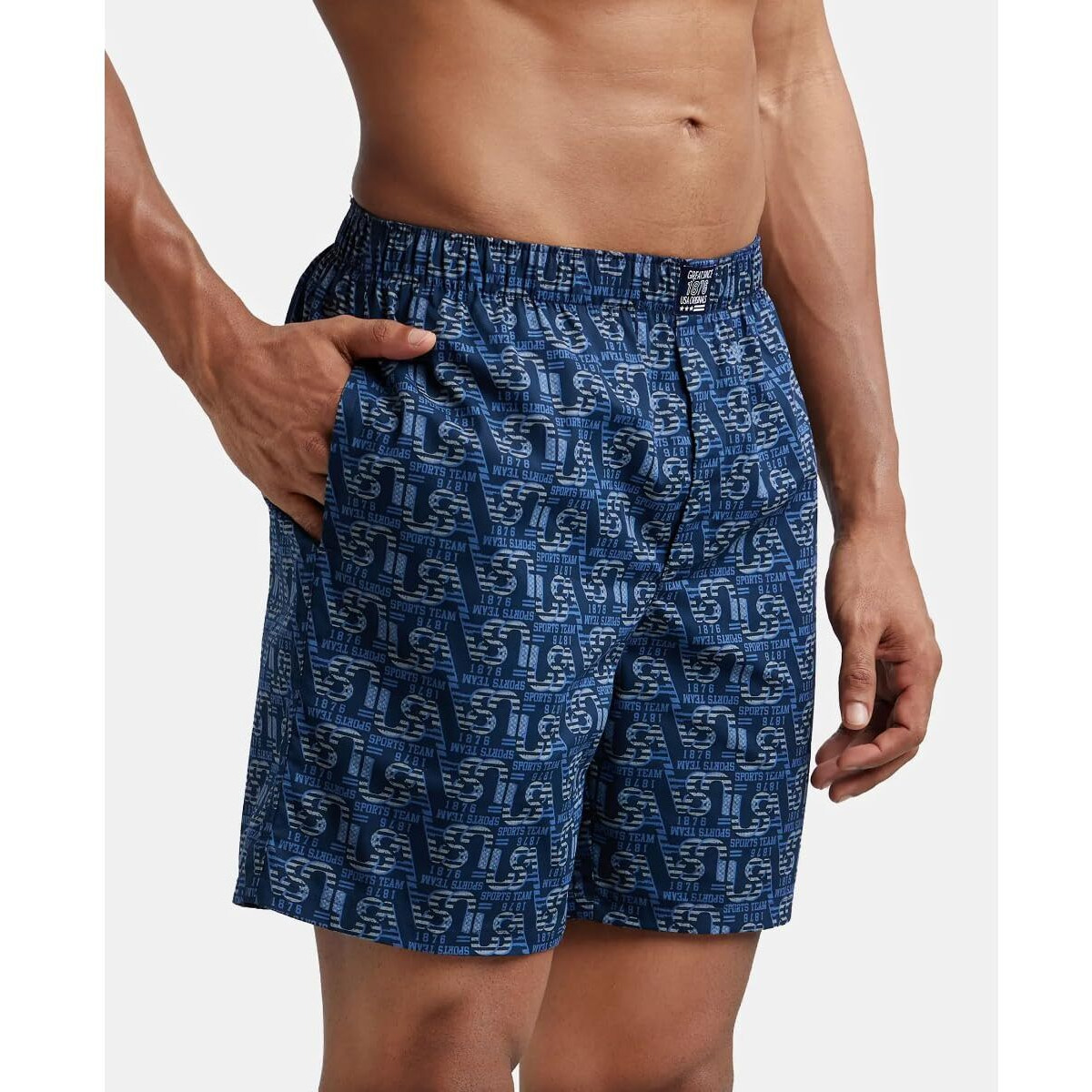 Jockey Men's Super Combed Mercerized Cotton Woven Printed Boxer Shorts with Side Pockets | Pack of 2 Colors & Prints May Vary |_Style_US57_Navy Seaport Teal_M