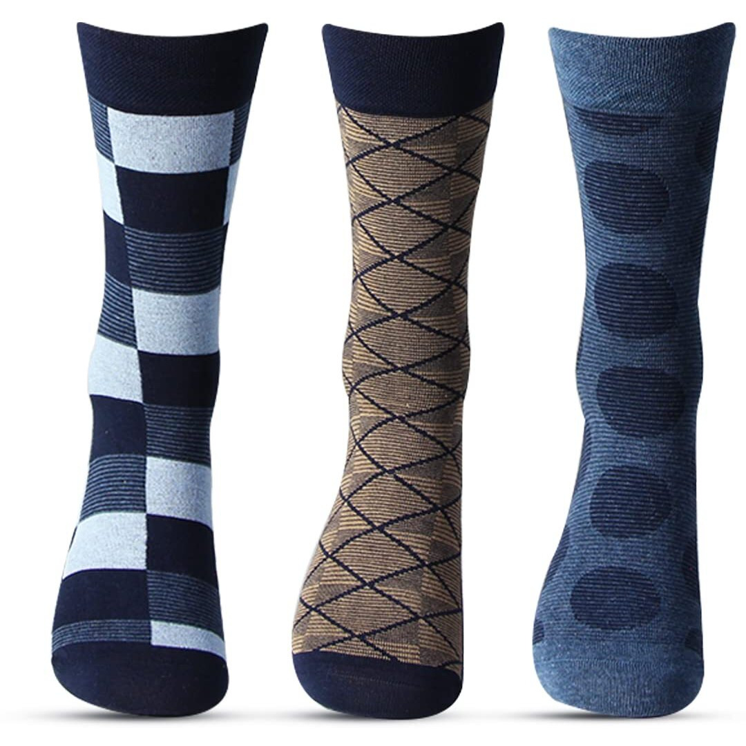 Bonjour Cotton Designer Office/Business/Formal Crew Calf Length, Multicolor Socks For Men - Pack Of 3