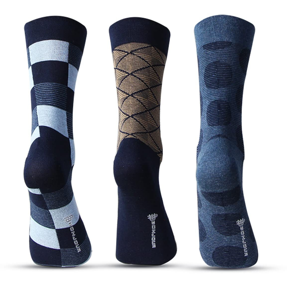Bonjour Cotton Designer Office/Business/Formal Crew Calf Length, Multicolor Socks For Men - Pack Of 3