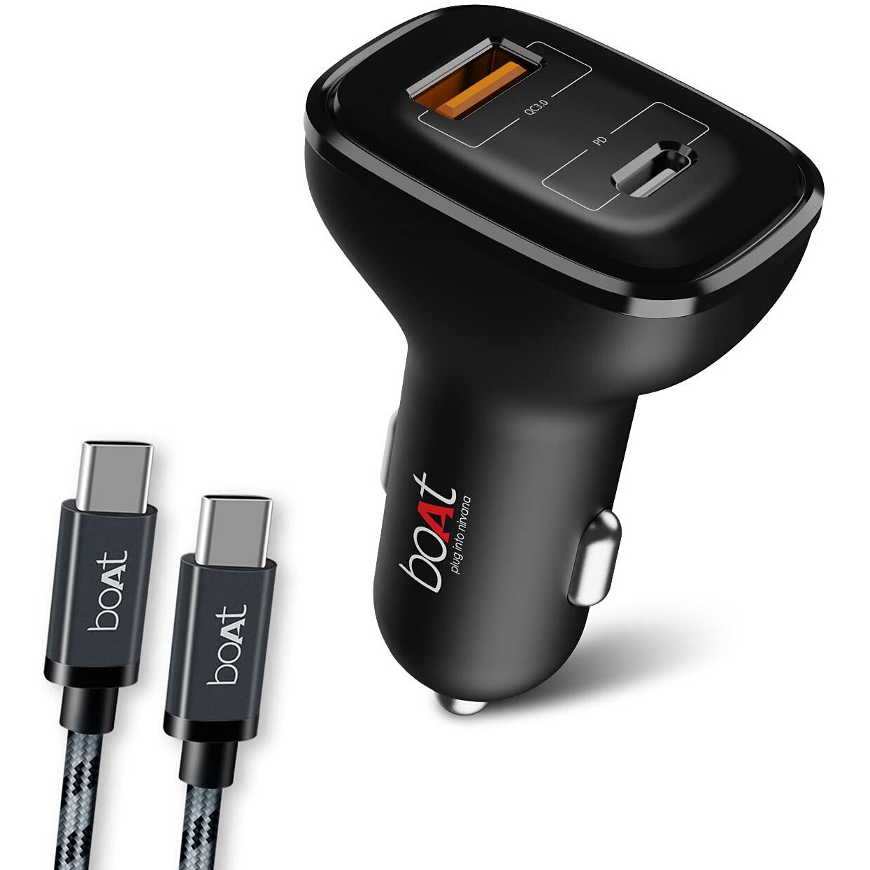 boAt Dual Port Qc-Pd 24W Fast Car Charger with 24W Fast Pd Charging & 18W Qc Charging Compatible with All Smartphones, Tablets & Laptops (Free Type C to Type C Cable), Black