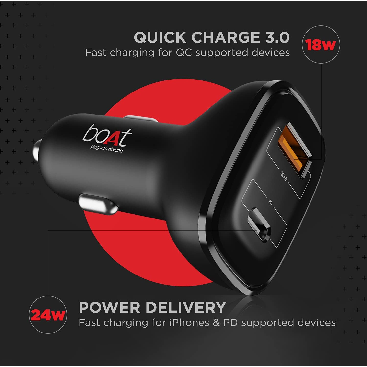 boAt Dual Port Qc-Pd 24W Fast Car Charger with 24W Fast Pd Charging & 18W Qc Charging Compatible with All Smartphones, Tablets & Laptops (Free Type C to Type C Cable), Black