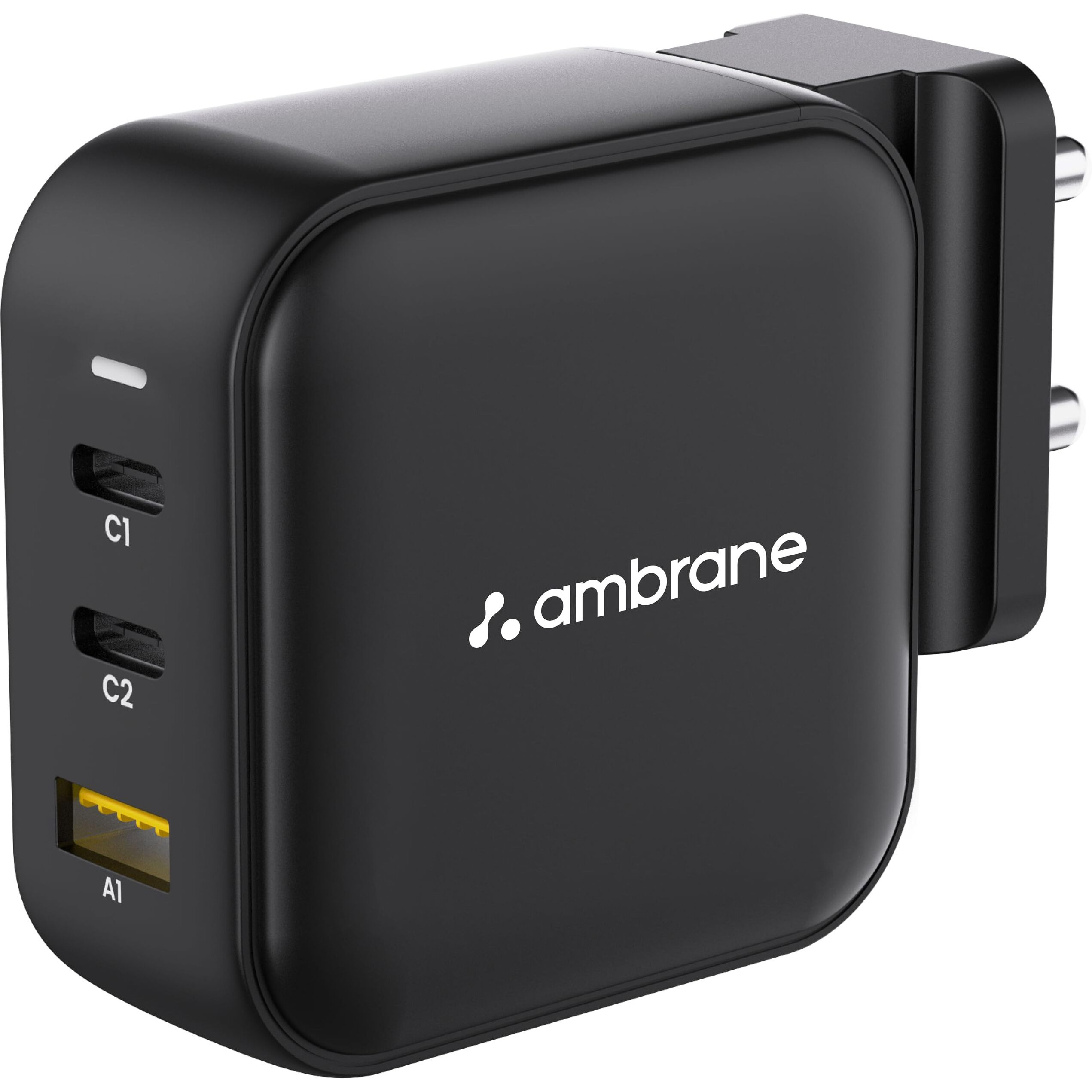Ambrane 65W Charger Adapter, 3 Ports - 2 Type C & 1 USB for Samsung, Type C Laptops MacBook, Dell, HP, ASUS, Fast Charger with PD Technology & GaN Technology for All Devices (RAAP G65, Black)