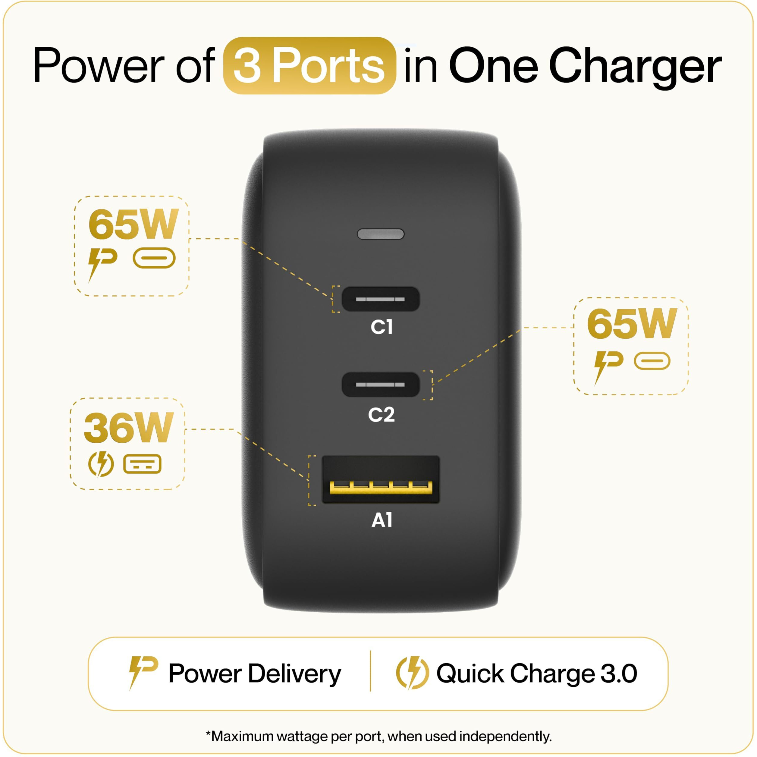 Ambrane 65W Charger Adapter, 3 Ports - 2 Type C & 1 USB for Samsung, Type C Laptops MacBook, Dell, HP, ASUS, Fast Charger with PD Technology & GaN Technology for All Devices (RAAP G65, Black)