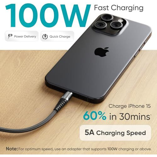 Ambrane 20Gbps Data Transfer & 100W Fast Charging Type C to Type C Braided Cable for Smartphones, Tablets, Laptops & other Type C devices, PD Technology 1.5M (ABCC-102, Black)