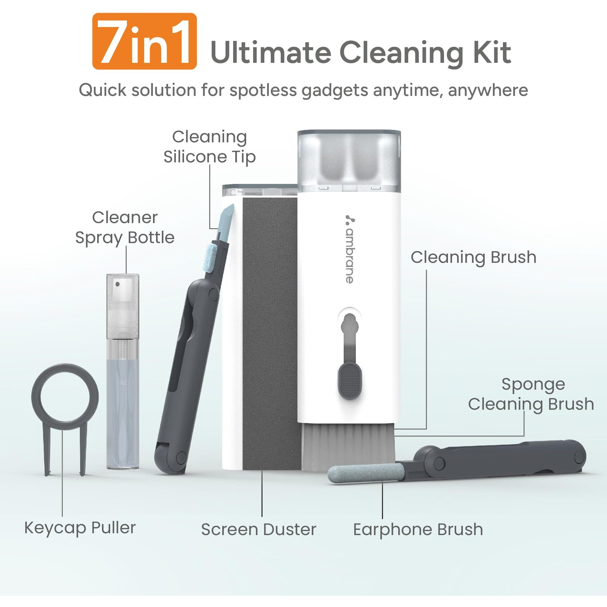 Ambrane 7-in-1 Cleaning Kit | All-in-One Keyboard Cleaning Kit with Brush & Cleaner for Bluetooth, AirPods, Laptop, Tablet, Phone, iPad, Smartwatch, MacBook, Earbuds & PC Accessories (ACK-02 White)
