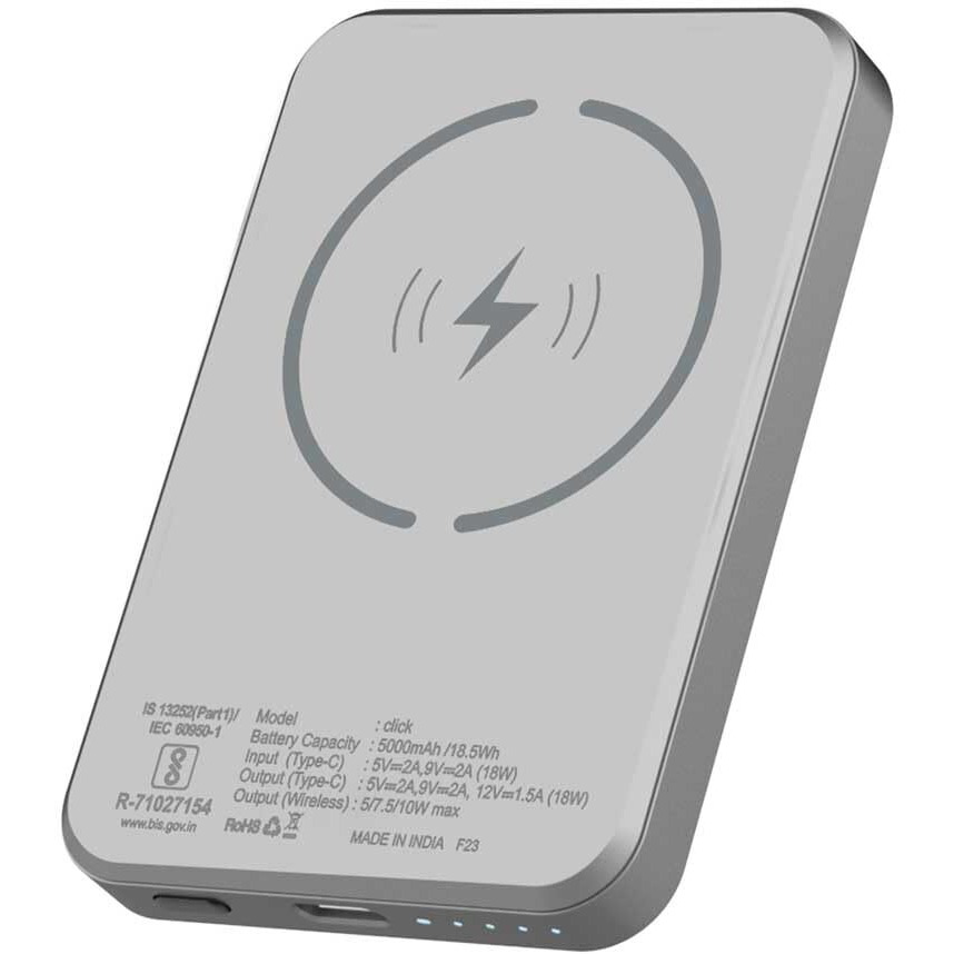 Stuffcool Click 5000mAh Made in India Magnetic Wireless Powerbank with 18W PD Fast Charing Type C Port Perfect for iPhone 12/13/14 Series (Metallic Grey)