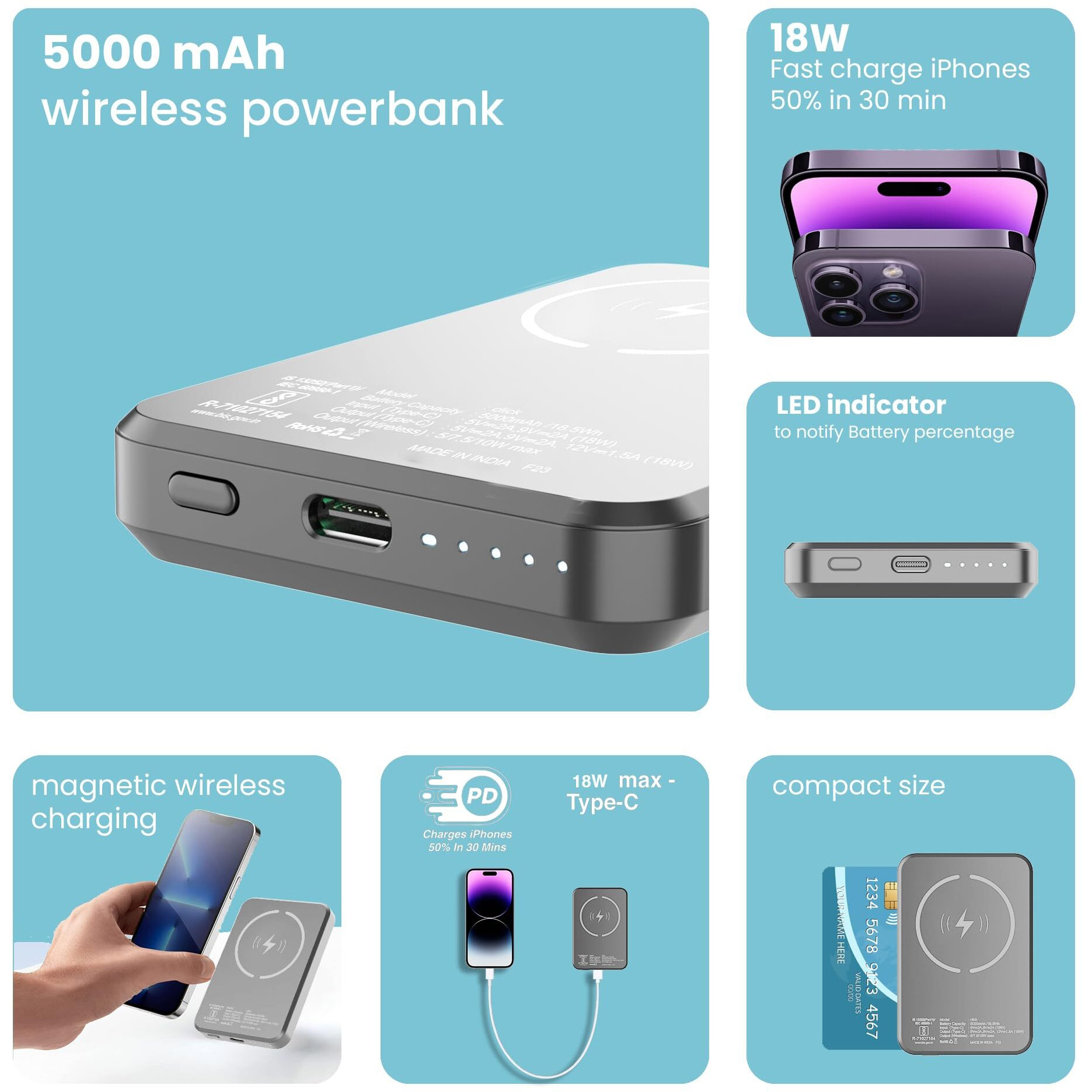 Stuffcool Click 5000mAh Made in India Magnetic Wireless Powerbank with 18W PD Fast Charing Type C Port Perfect for iPhone 12/13/14 Series (Metallic Grey)