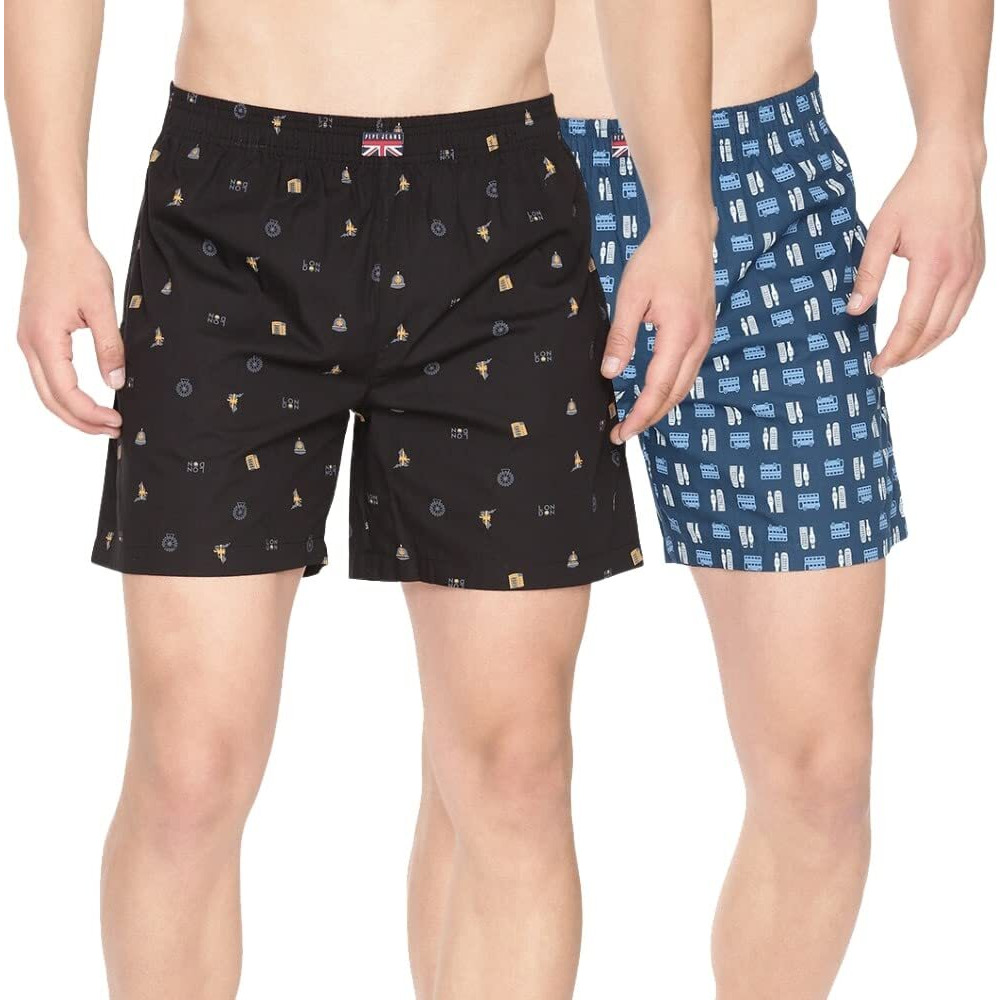 Pepe Jeans Premium Cotton Men Regular Fit Boxers|Ultra-Comfort Natural Fiber Printed Boxer Shorts with Elastic Waistband, Side Pockets - Medium