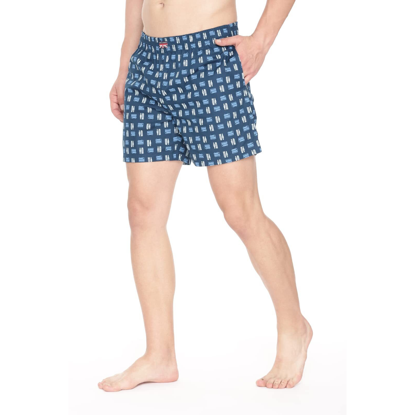 Pepe Jeans Premium Cotton Men Regular Fit Boxers | Ultra-Comfort Natural Fiber Printed Boxer Shorts with Elastic Waistband, Side Pockets - Large