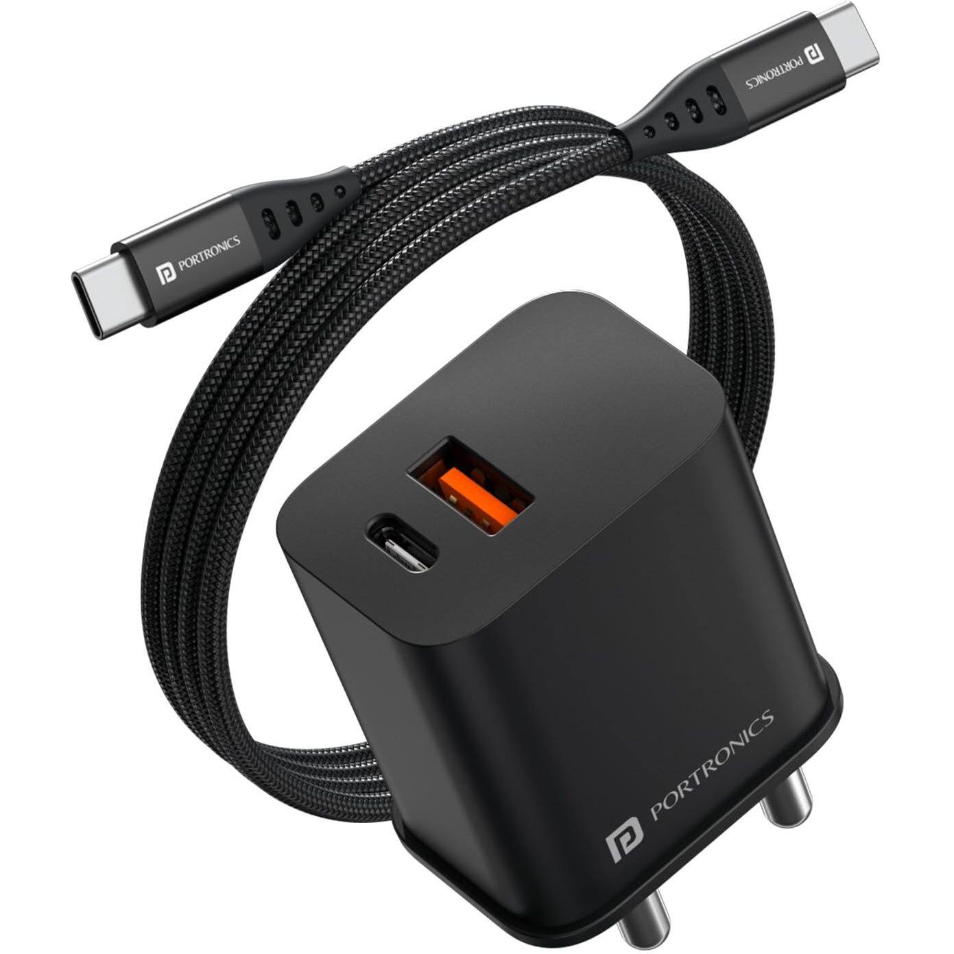 Portronics 20W Adapto 20B Dual Port (Type C PD & USB-A) Fast Charging Adaptor with Type C to Type C Cable, Smart Protection Chip, Wide Compatibility, Best for iPhone/Samsung/Oneplus (Black)