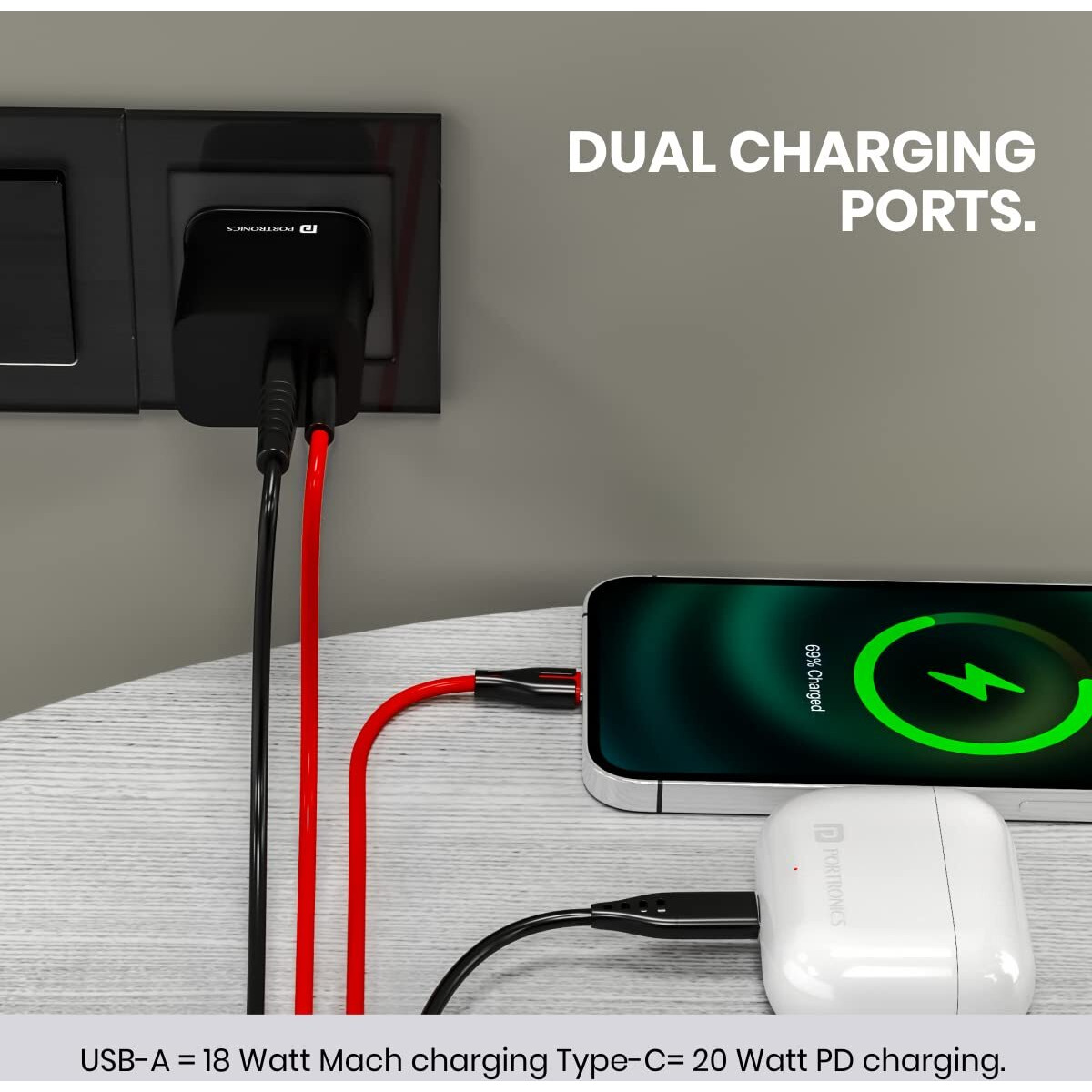 Portronics 20W Adapto 20B Dual Port (Type C PD & USB-A) Fast Charging Adaptor with Type C to Type C Cable, Smart Protection Chip, Wide Compatibility, Best for iPhone/Samsung/Oneplus (Black)