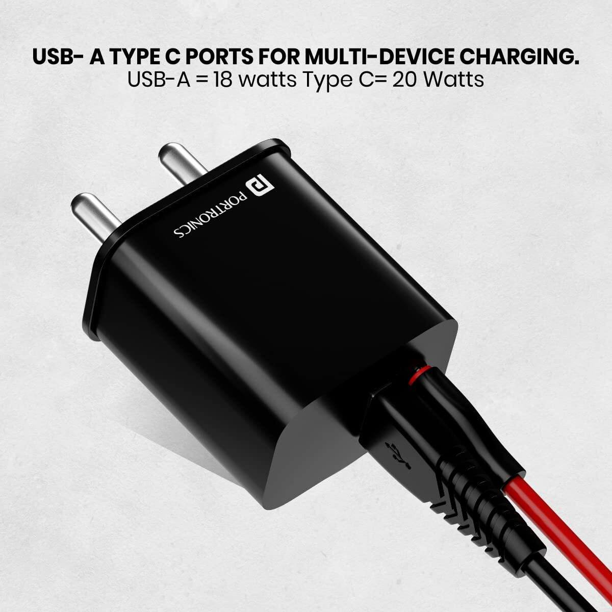 Portronics 20W Adapto 20B Dual Port (Type C PD & USB-A) Fast Charging Adaptor with Type C to Type C Cable, Smart Protection Chip, Wide Compatibility, Best for iPhone/Samsung/Oneplus (Black)