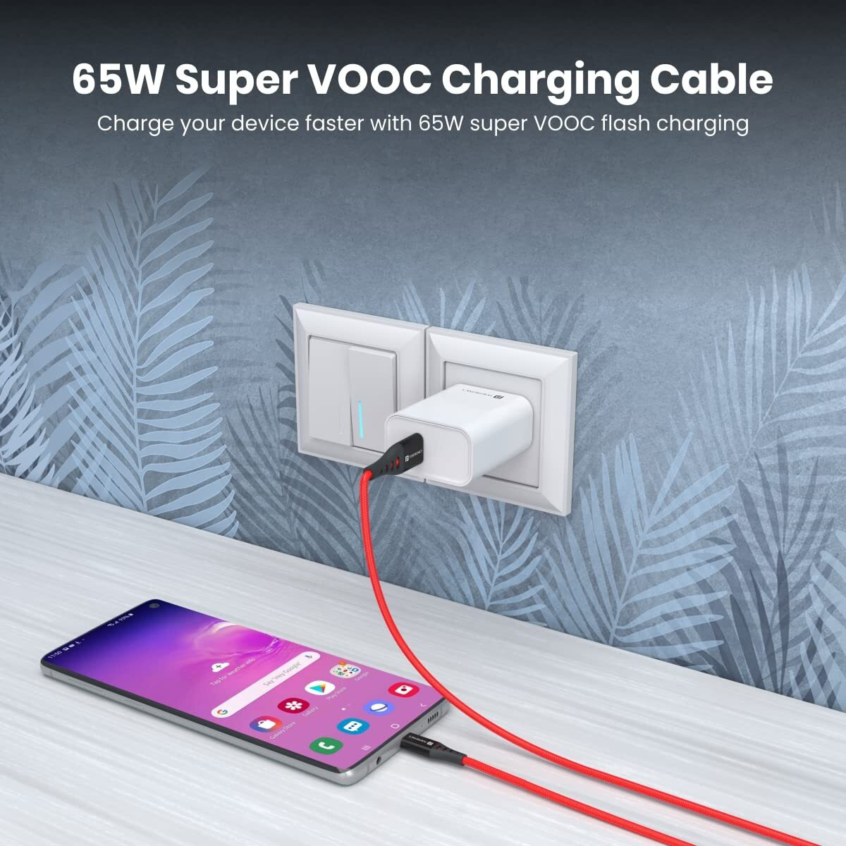 Portronics Konnect Dash 2 Unbreakable 6.5A 65w USB A to Type C VOOC Flash Charging Cable Design for OnePlus,Oppo(Red)