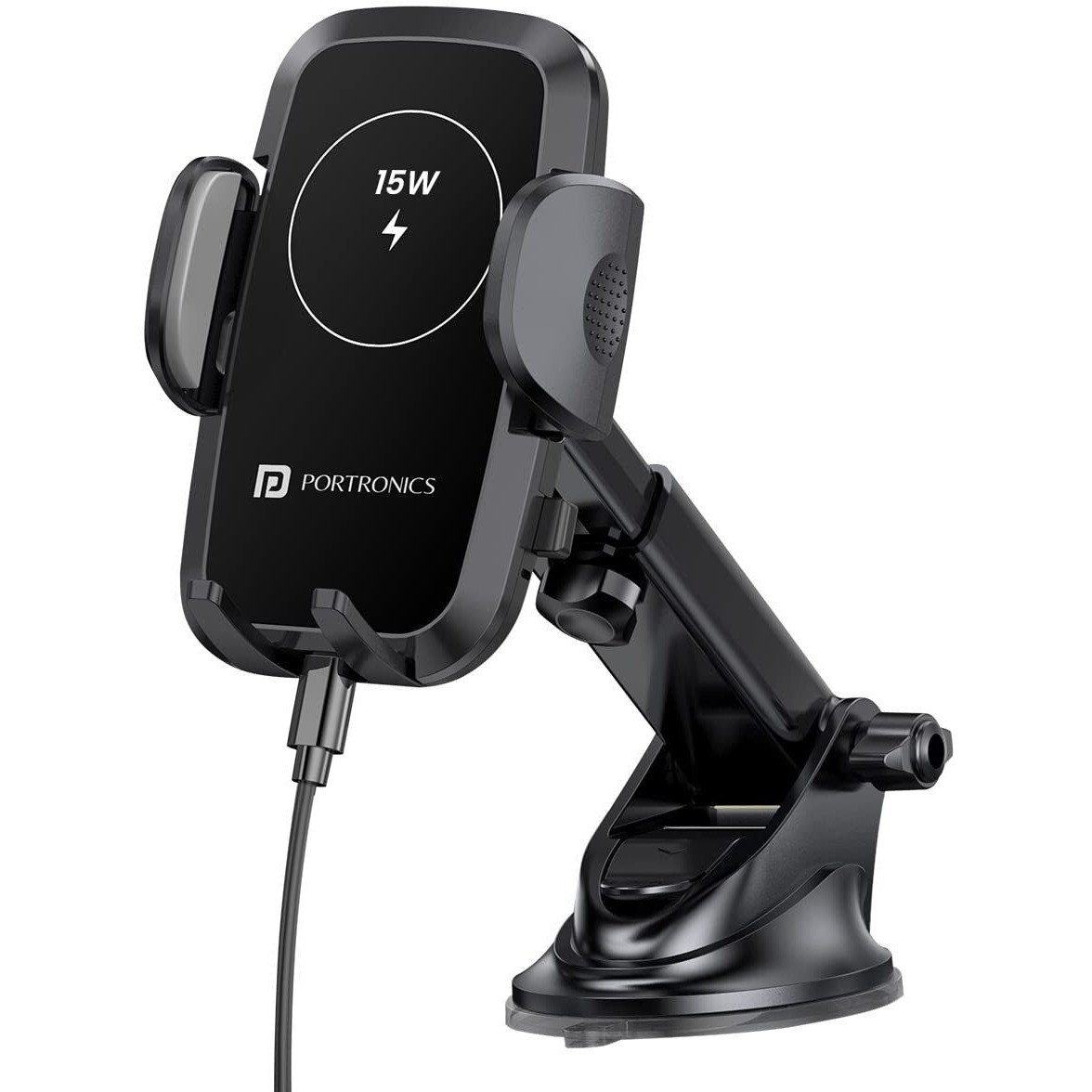 Portronics Charge Clamp 2 Mobile Holder with Wireless Charging with 15W Wireless Output, 360 Rotation, 270 Adjustable Angles, LED Display, Type C Charging Port, 1M Type C Cable(Black)