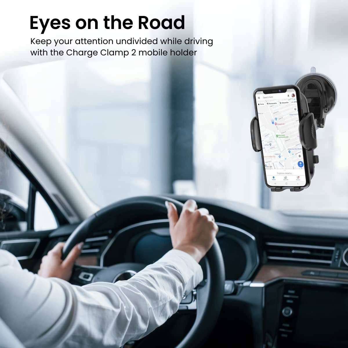 Portronics Charge Clamp 2 Mobile Holder with Wireless Charging with 15W Wireless Output, 360 Rotation, 270 Adjustable Angles, LED Display, Type C Charging Port, 1M Type C Cable(Black)