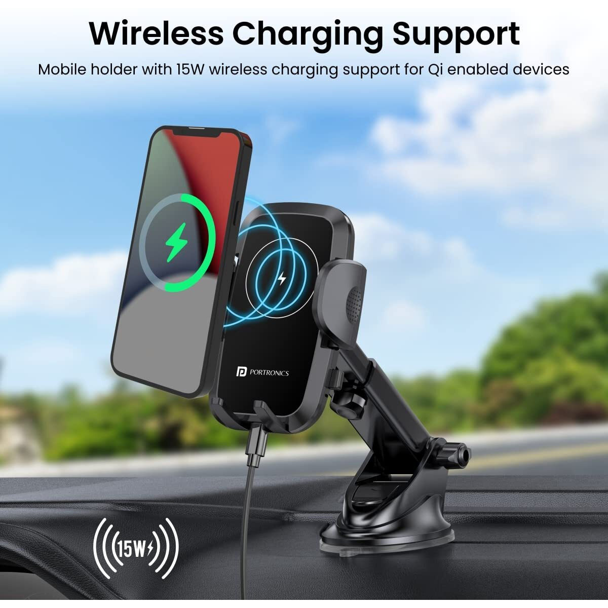 Portronics Charge Clamp 2 Mobile Holder with Wireless Charging with 15W Wireless Output, 360 Rotation, 270 Adjustable Angles, LED Display, Type C Charging Port, 1M Type C Cable(Black)