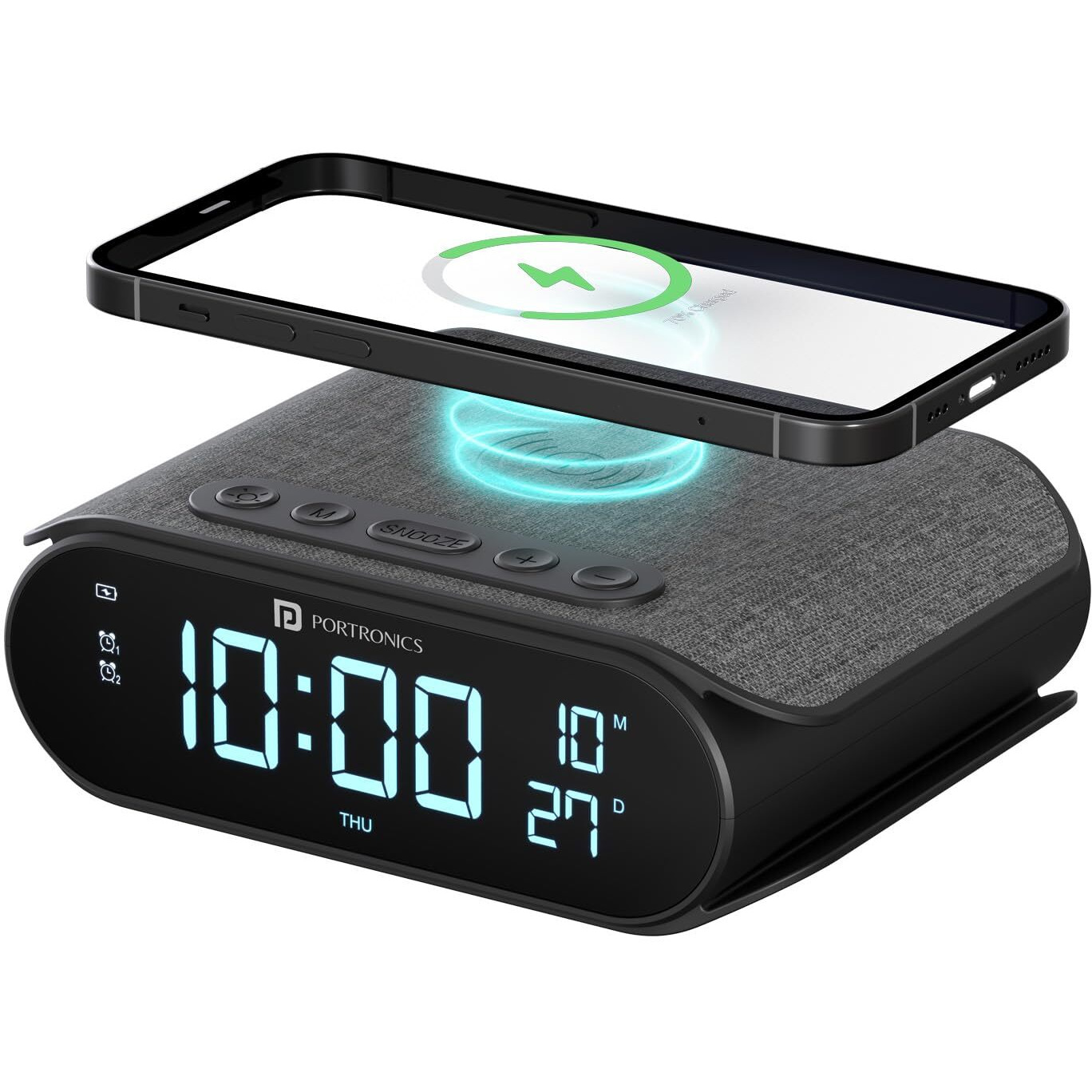 Portronics VoltClock 15W Wireless Charger for All Compatible Wireless Charging Smartphones, Digital Clock, 2 Alarm Setting with Snooze Button, Room Temperature Display,Wireless Fast Charging(Black)