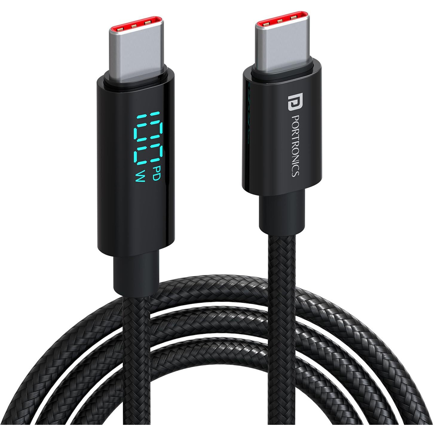 Portronics Konnect View 100W Type C to Type C Cable with LED Display with 5A Max Output, Fast Data Sync, 2M Length, Tangle Resistance supports Laptop Charging(Black)