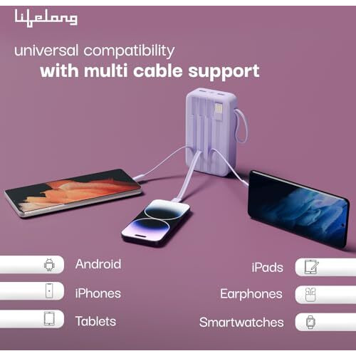 Lifelong ZenCharge 20000 mAh 22.5 W Compact Pocket Size Power Bank with 6 Input/Output Port (Purple, Lithium Polymer, Fast Charging, Quick Charge 3.0 for Mobile, Earbuds,Speaker, Tablet)