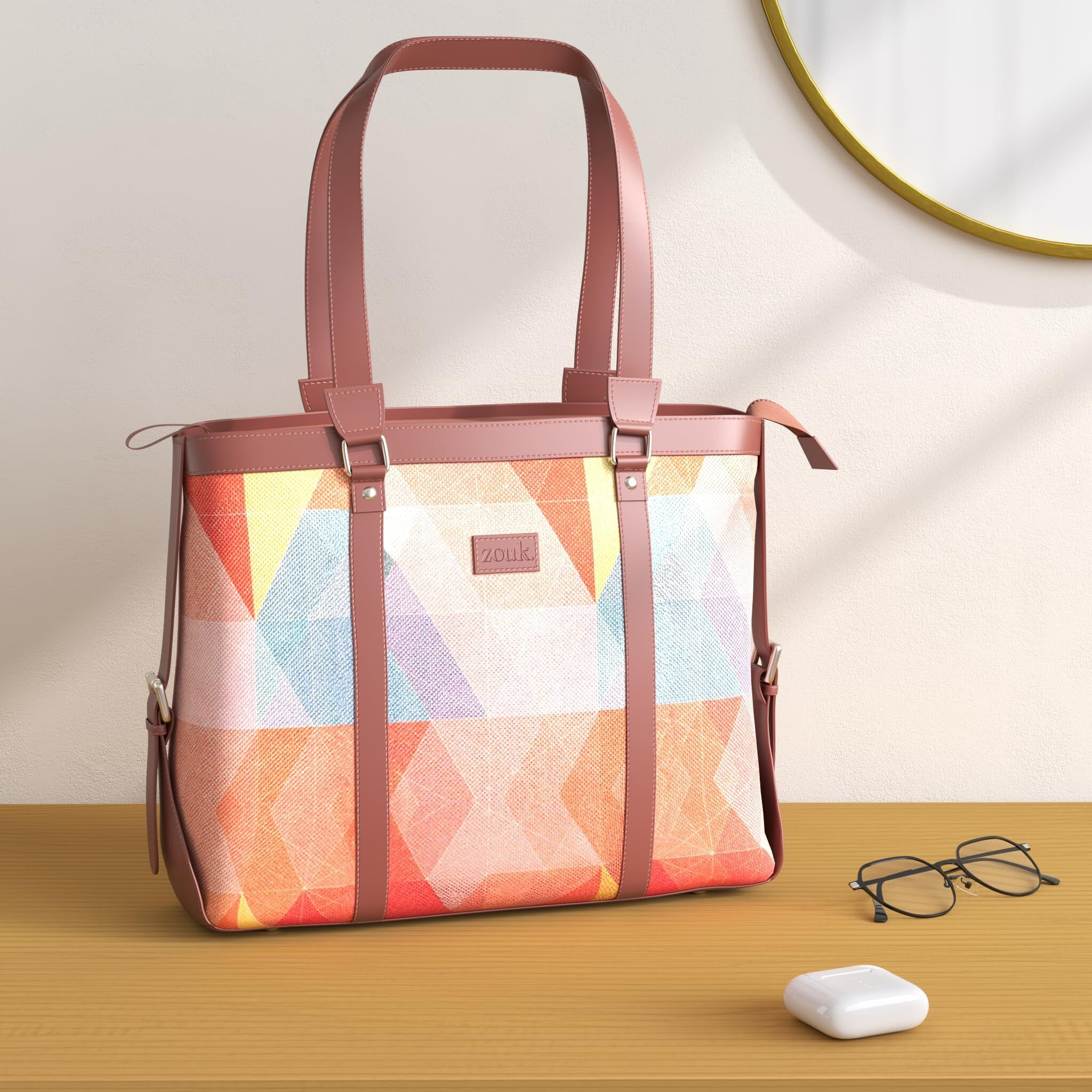 ZOUK Handmade PeTA Approved Vegan Leather 15.6 Inch Laptop Office Bag with Double Handles, Multicolor Geometric Print Shoulder Bag - GeoOptics