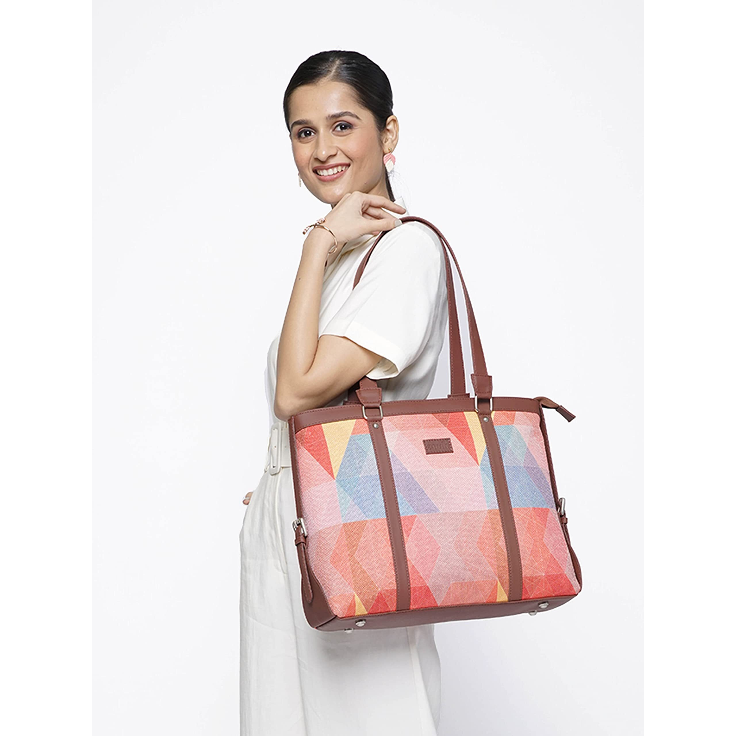 ZOUK Handmade PeTA Approved Vegan Leather 15.6 Inch Laptop Office Bag with Double Handles, Multicolor Geometric Print Shoulder Bag - GeoOptics