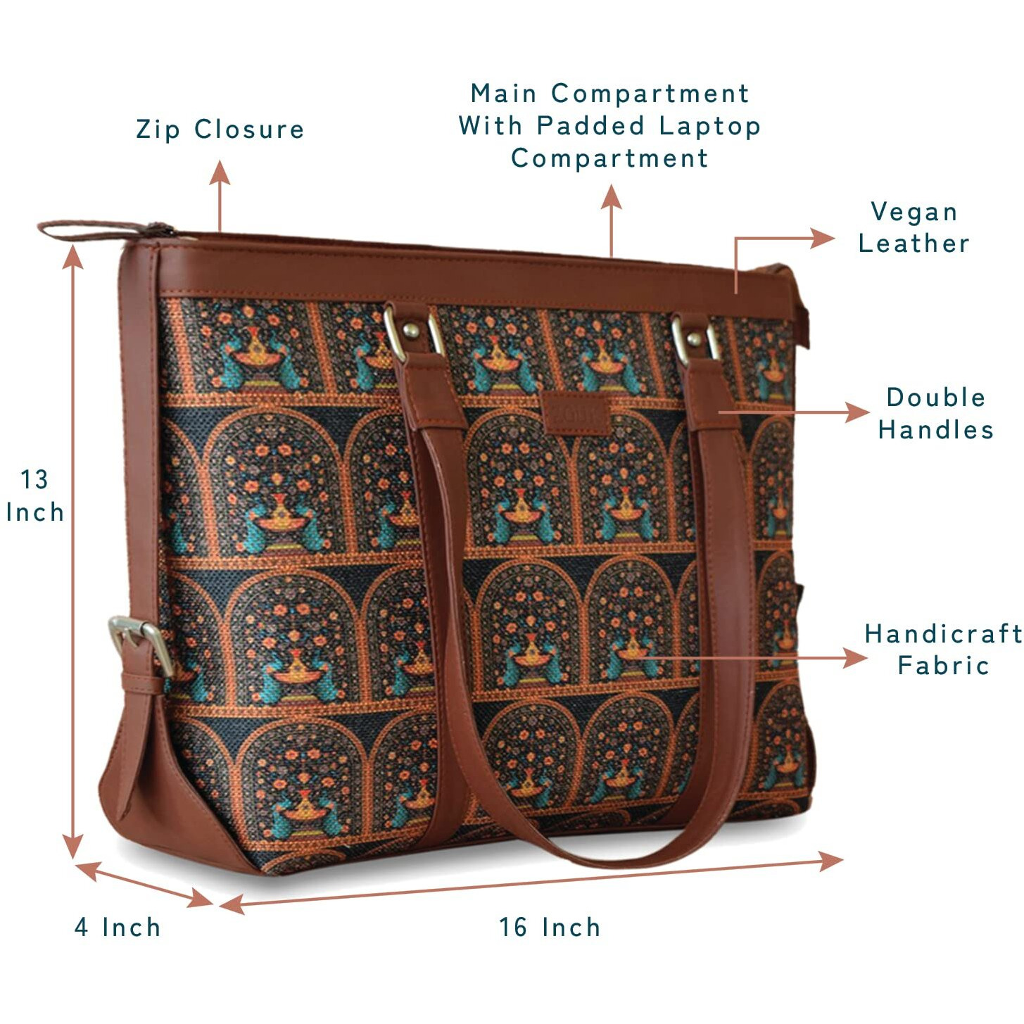 ZOUK Women Laptop Bag Royal Indian Peacock Motif