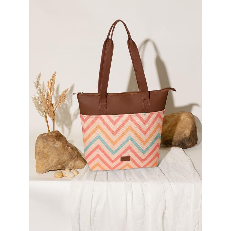 ZOUK WavBeach Striped Printed Women's Jute Handcrafted Vegan Leather Pink Everyday Tote